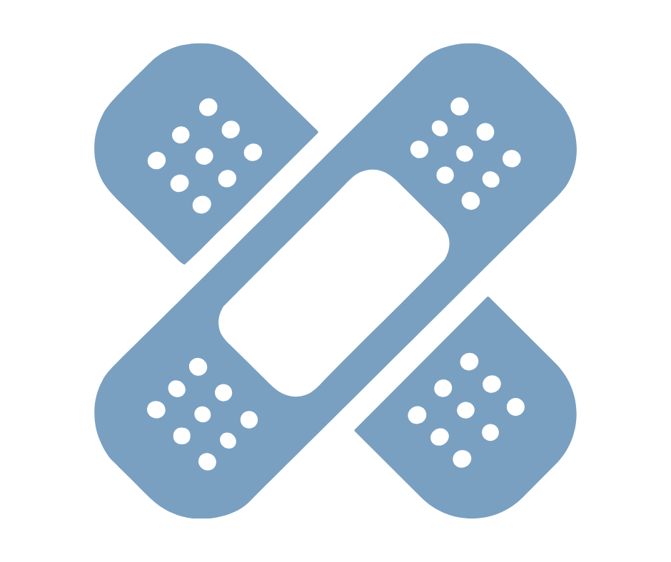 Illustration of four crossed adhesive bandages with a black wound dressing in the center
