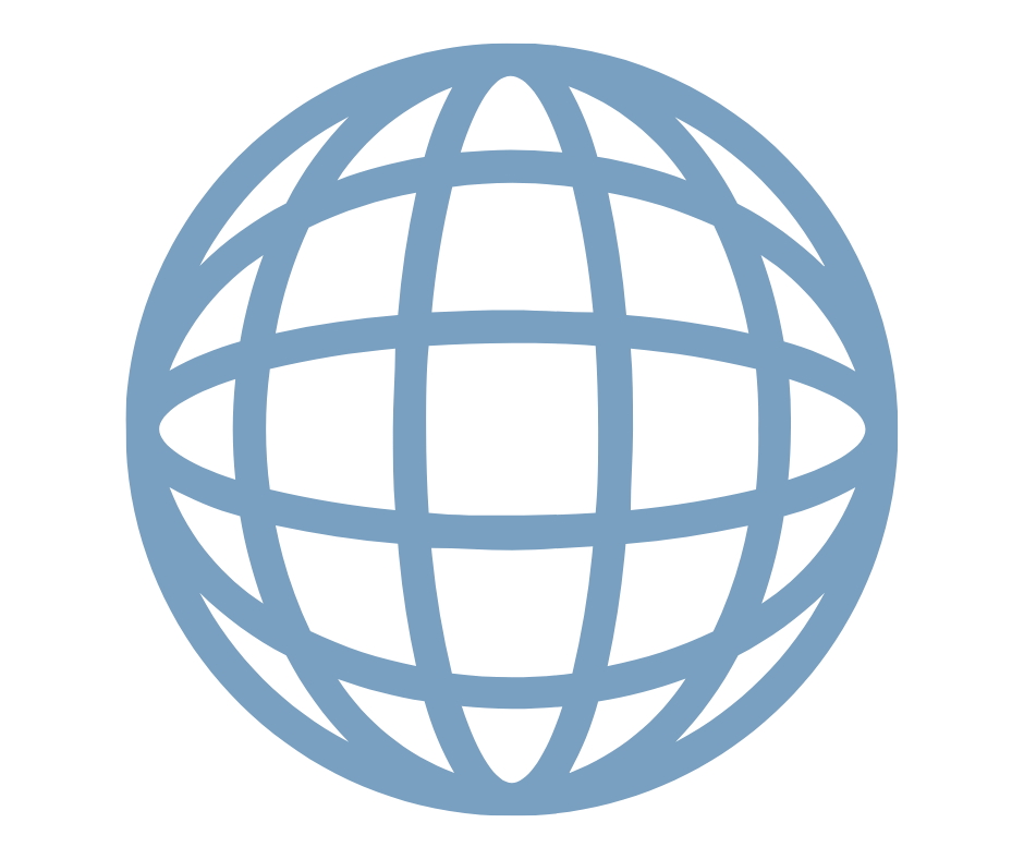 A blue globe icon with grid lines on a black background.