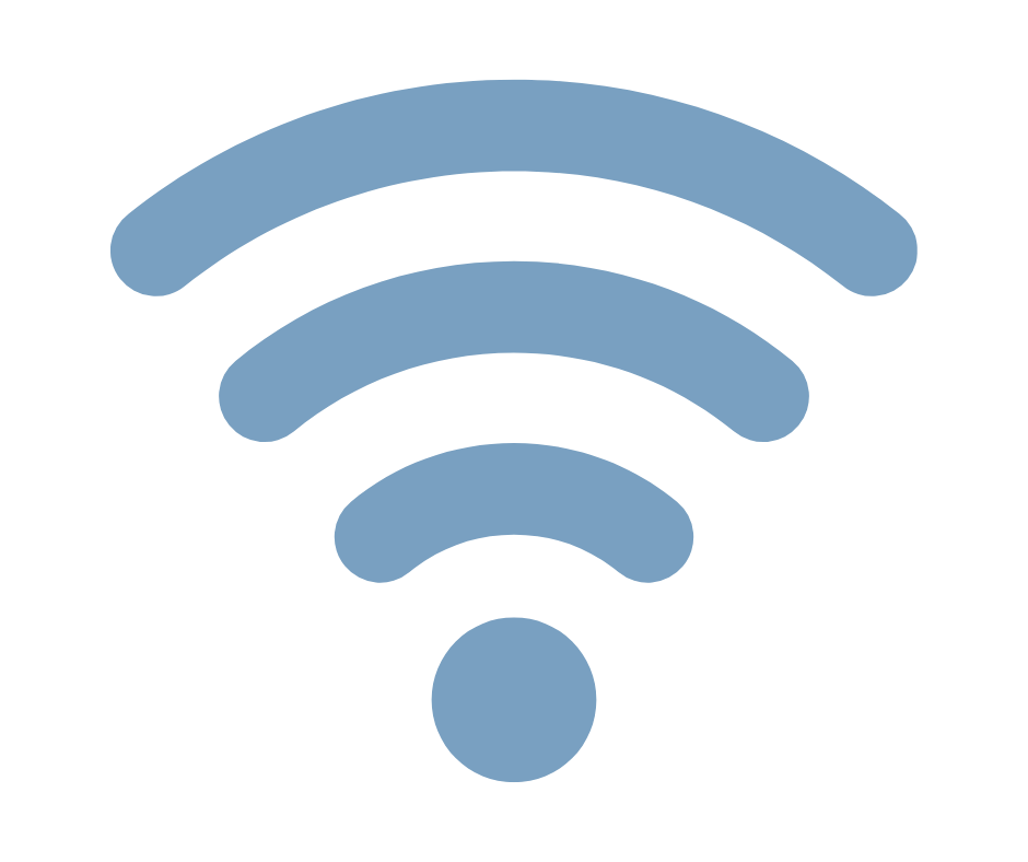 Blue Wi-Fi signal icon with four curved lines and a circle at the bottom on a black background.