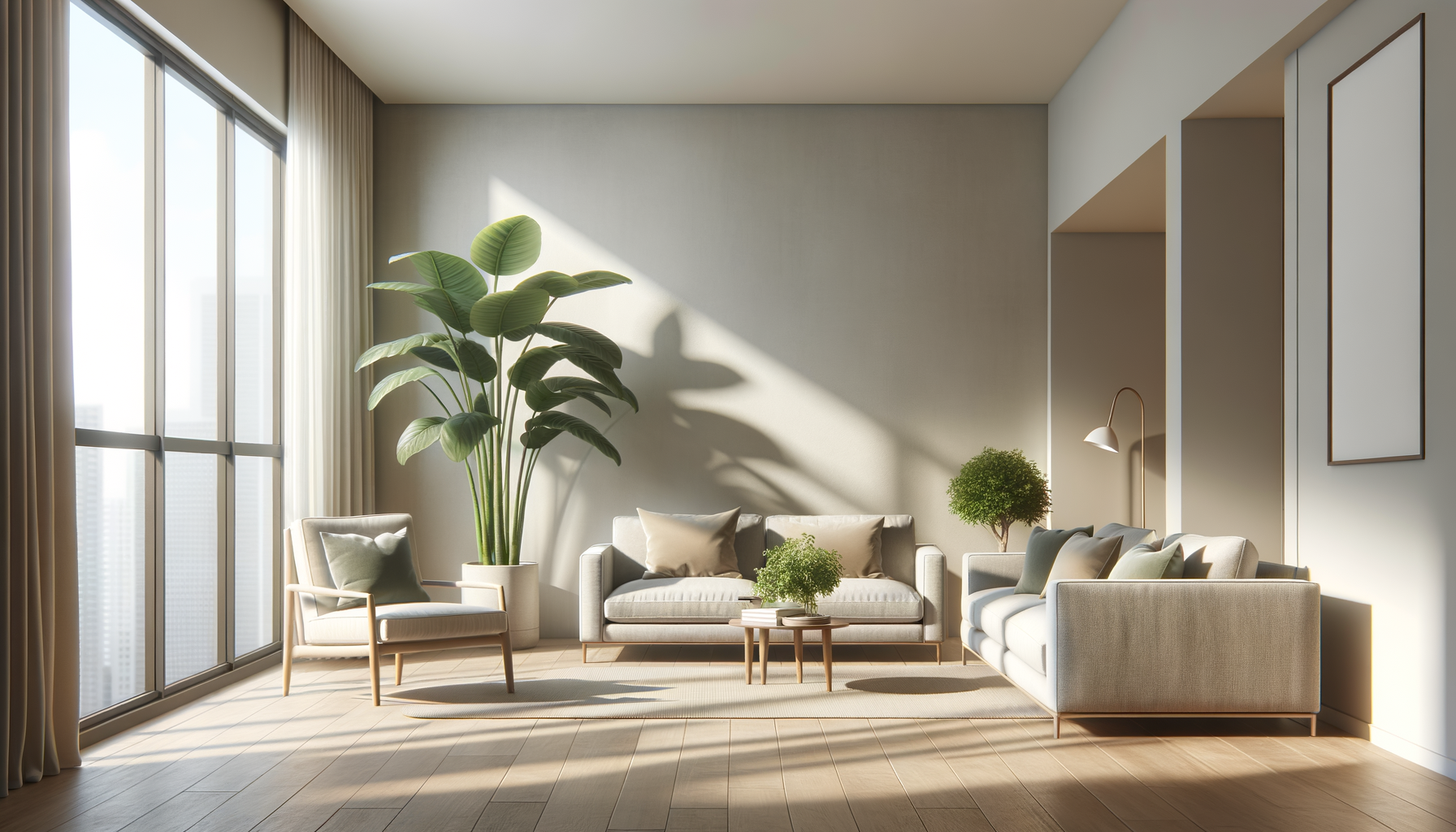 Modern living room with large window, beige sofas, armchair, eco-friendly plants, side table, and minimalist decor.