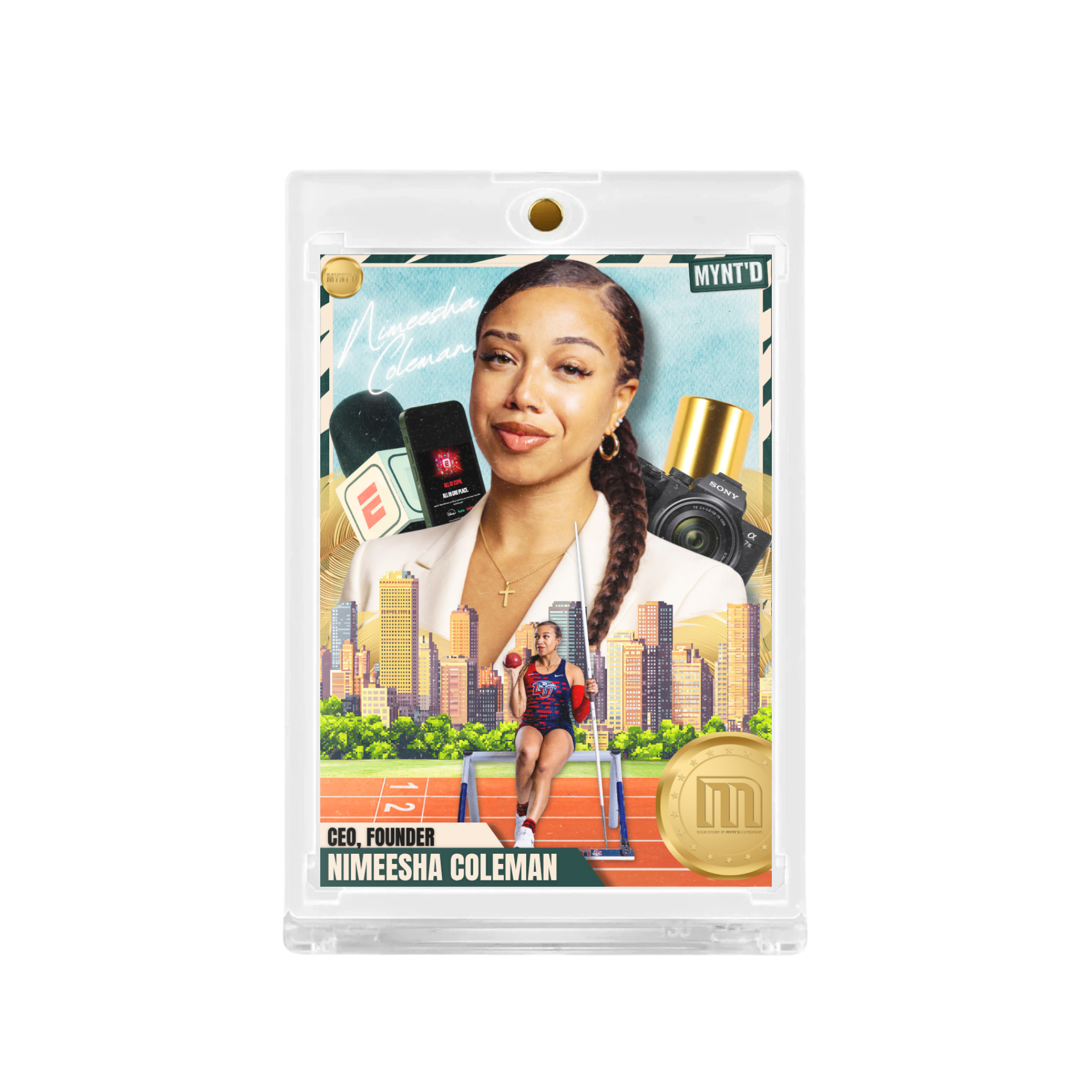 Book cover featuring Nimesha Coleman, a young woman with braided hair, standing on a running track with her leg raised on a step stool, sporting athletic wear and a confident smile, set against a city skyline background.