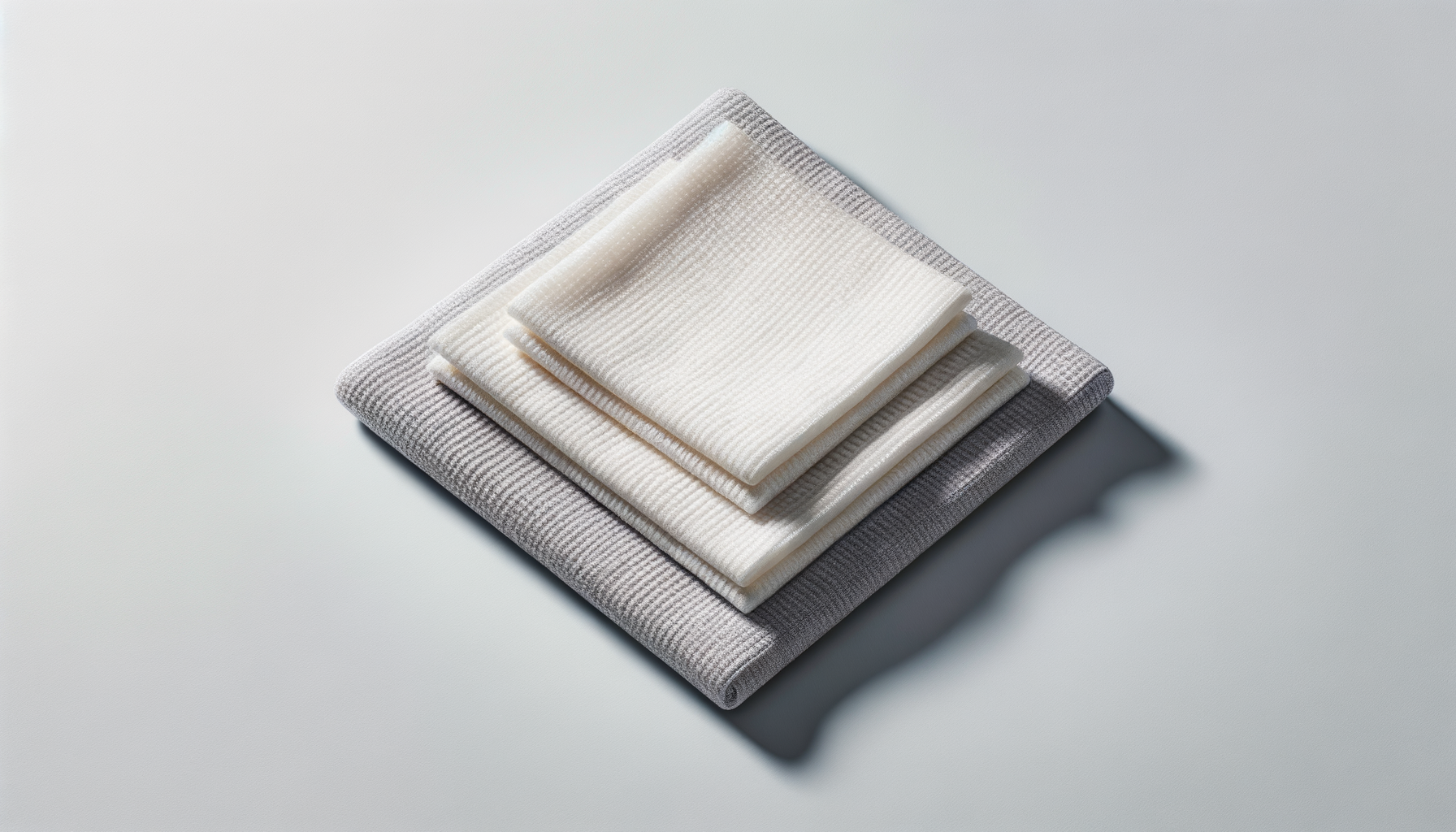 Stack of folded white and gray towels on a light surface