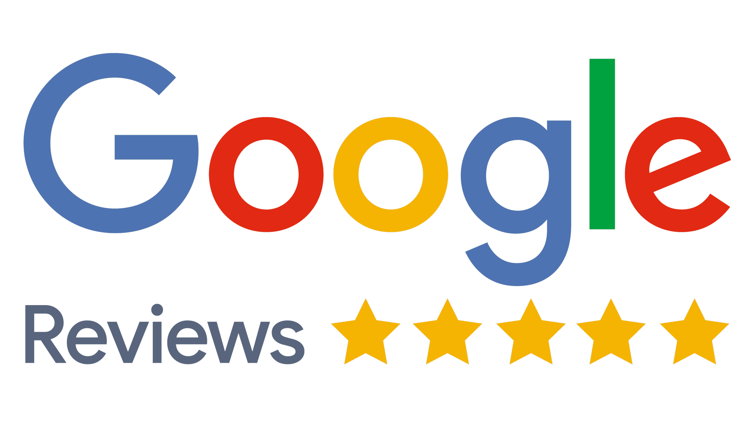 Google logo with the word Reviews and five gold stars underneath