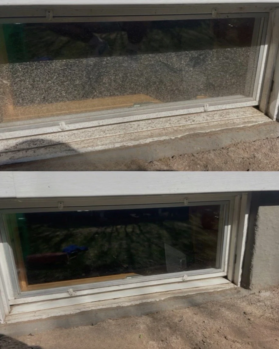Comparison of two basement windows, one dirty and one cleaned, showing dirt and grime buildup on the window frame and sill.