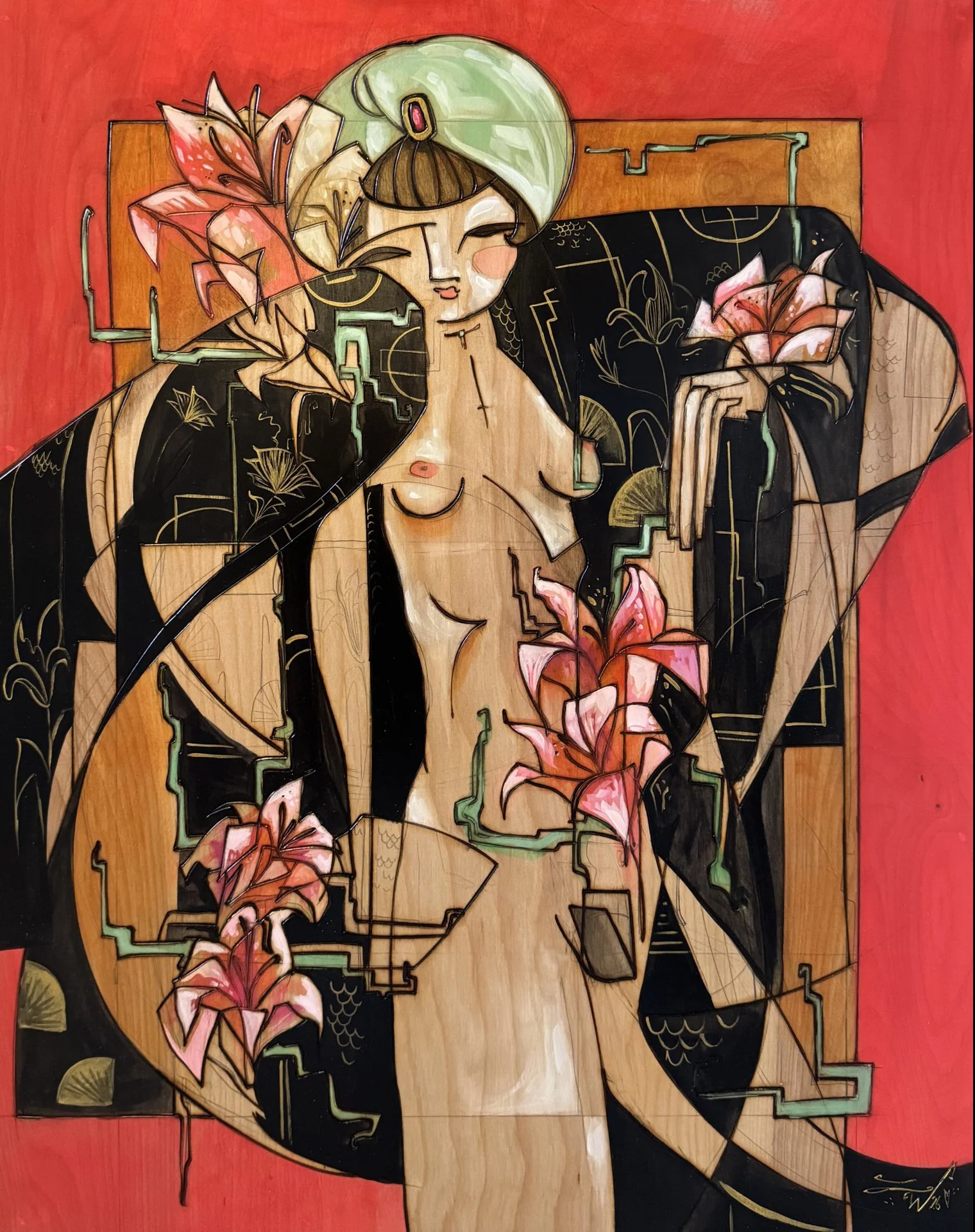 Behind the Screen | 24"x30" | Acrylic and Wood Burning on wood panel