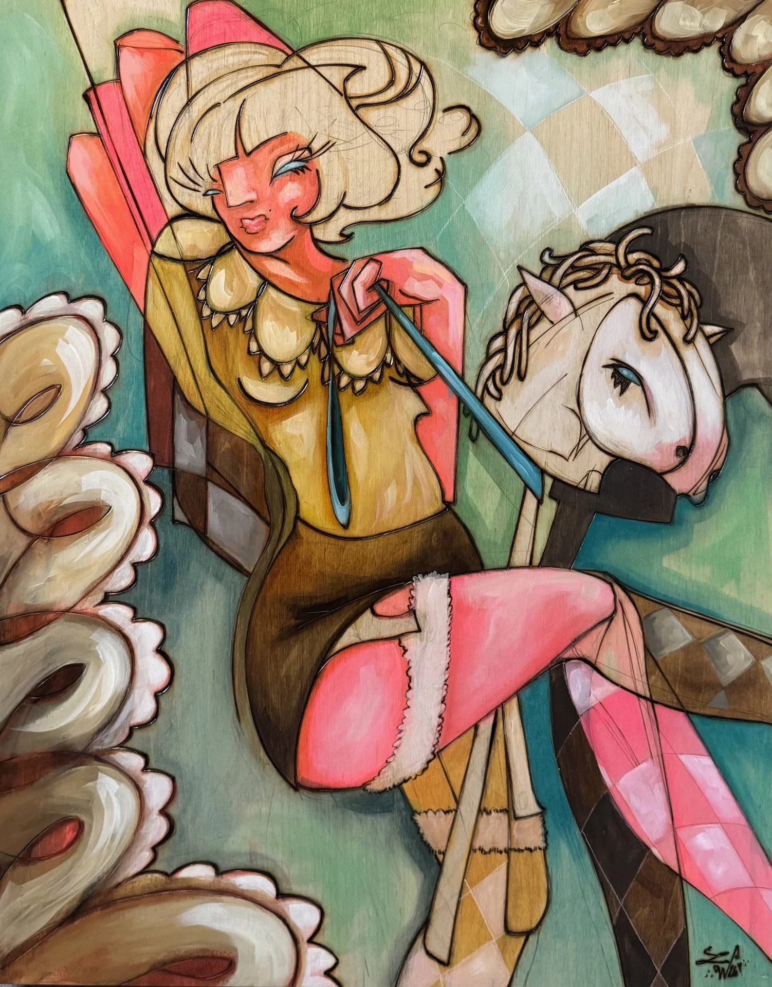 Giddy Up! | 24"x30" | Acrylic and Wood Burning on wood panel