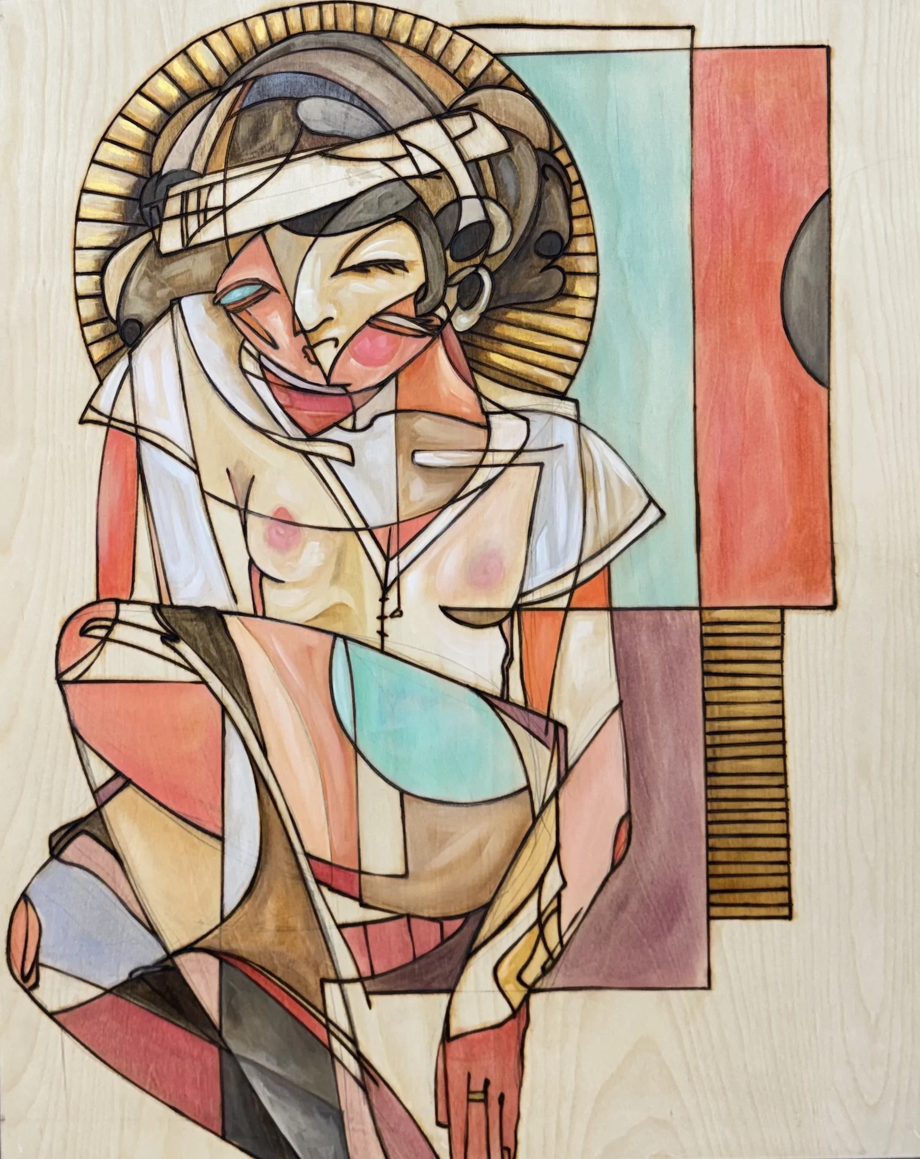 Bashful | 24"x30" | Acrylic and woodburning on wood panel