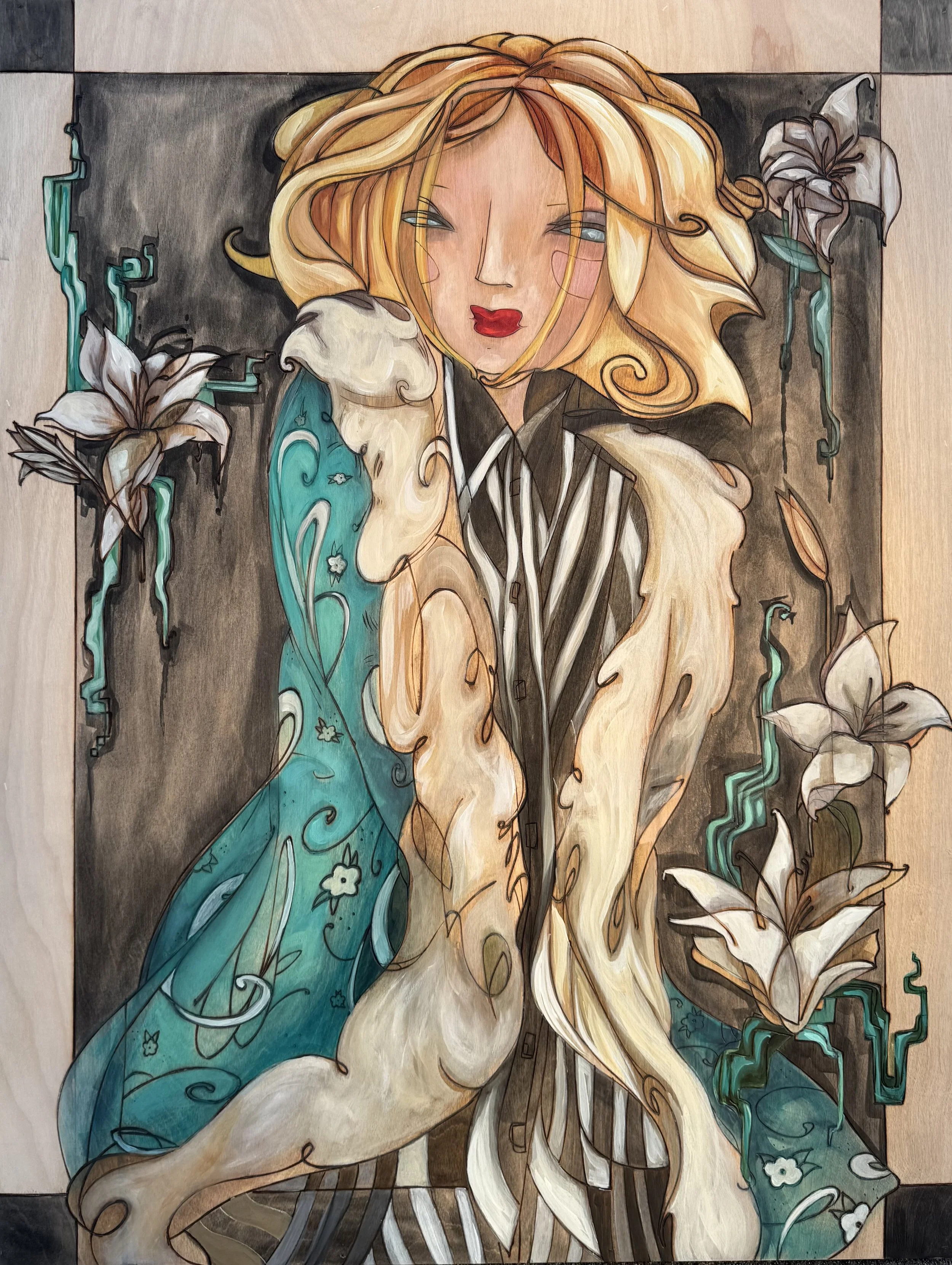 The Perfect Red | 32"x42" | Acrylic and Wood Burning on wood panel