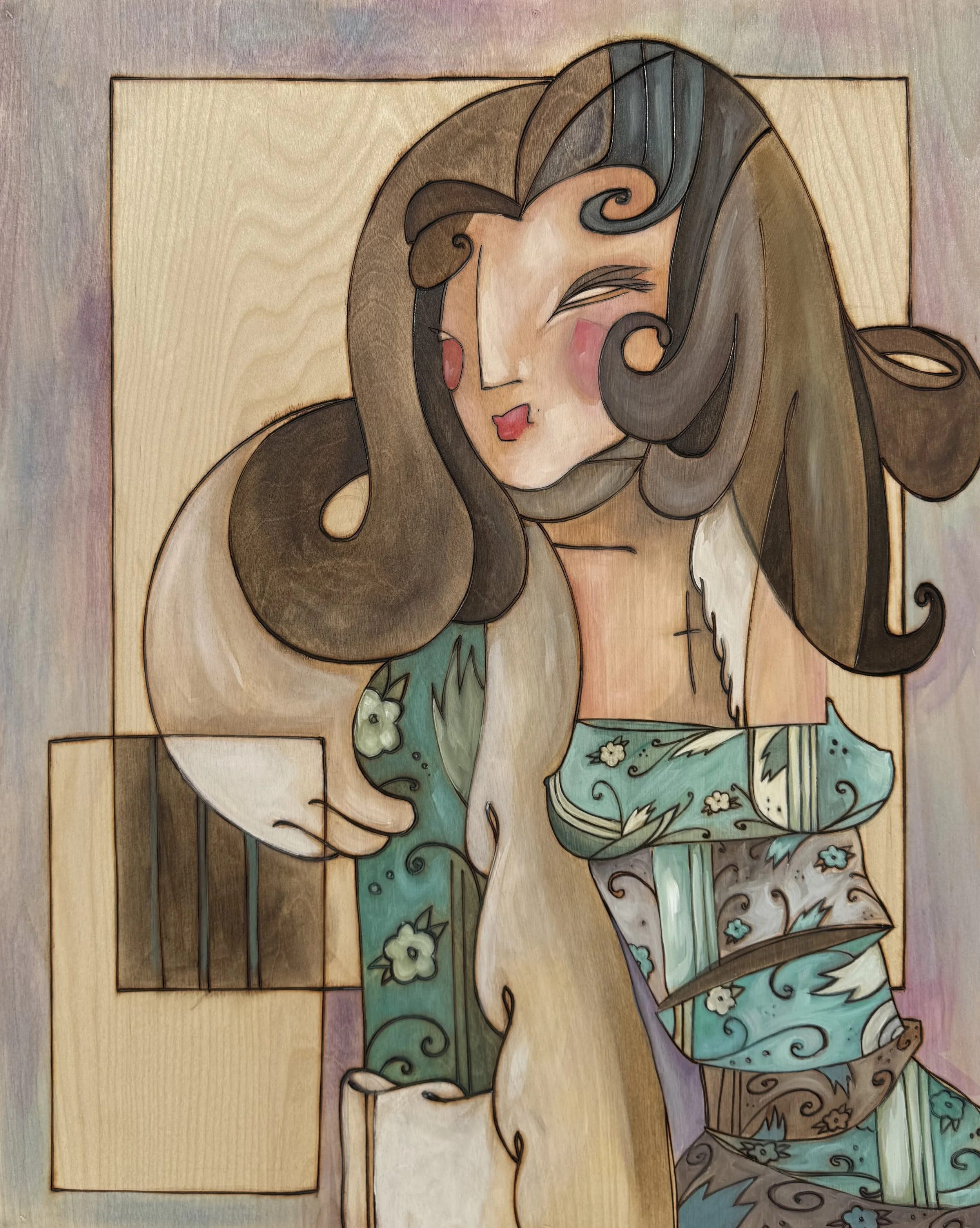 On Second Thought... | 24"x30 | Acrylic and Wood Burning on wood panel