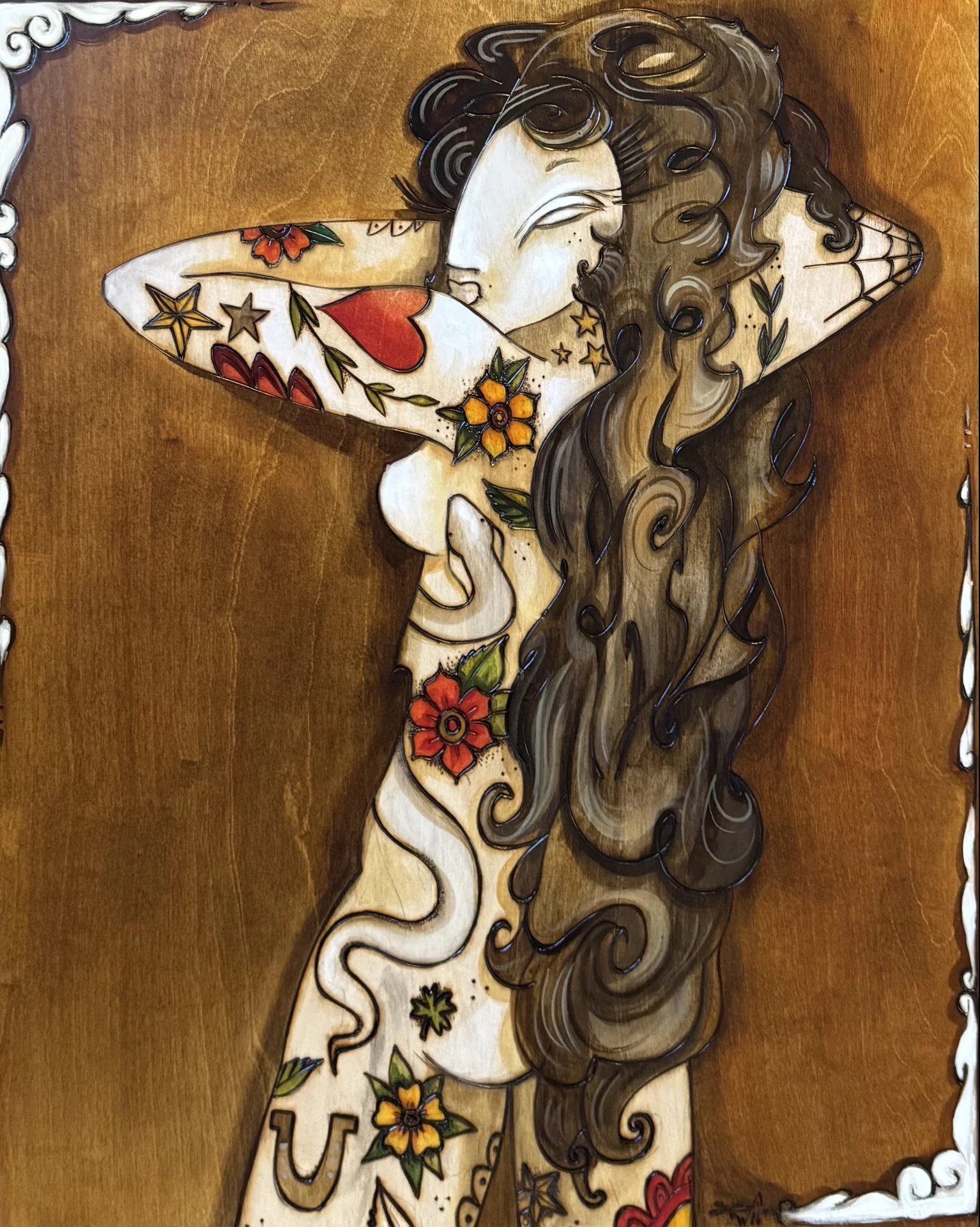 Oh! Lydia! | 24"x30" | Acrylic and woodburning on wood panel
