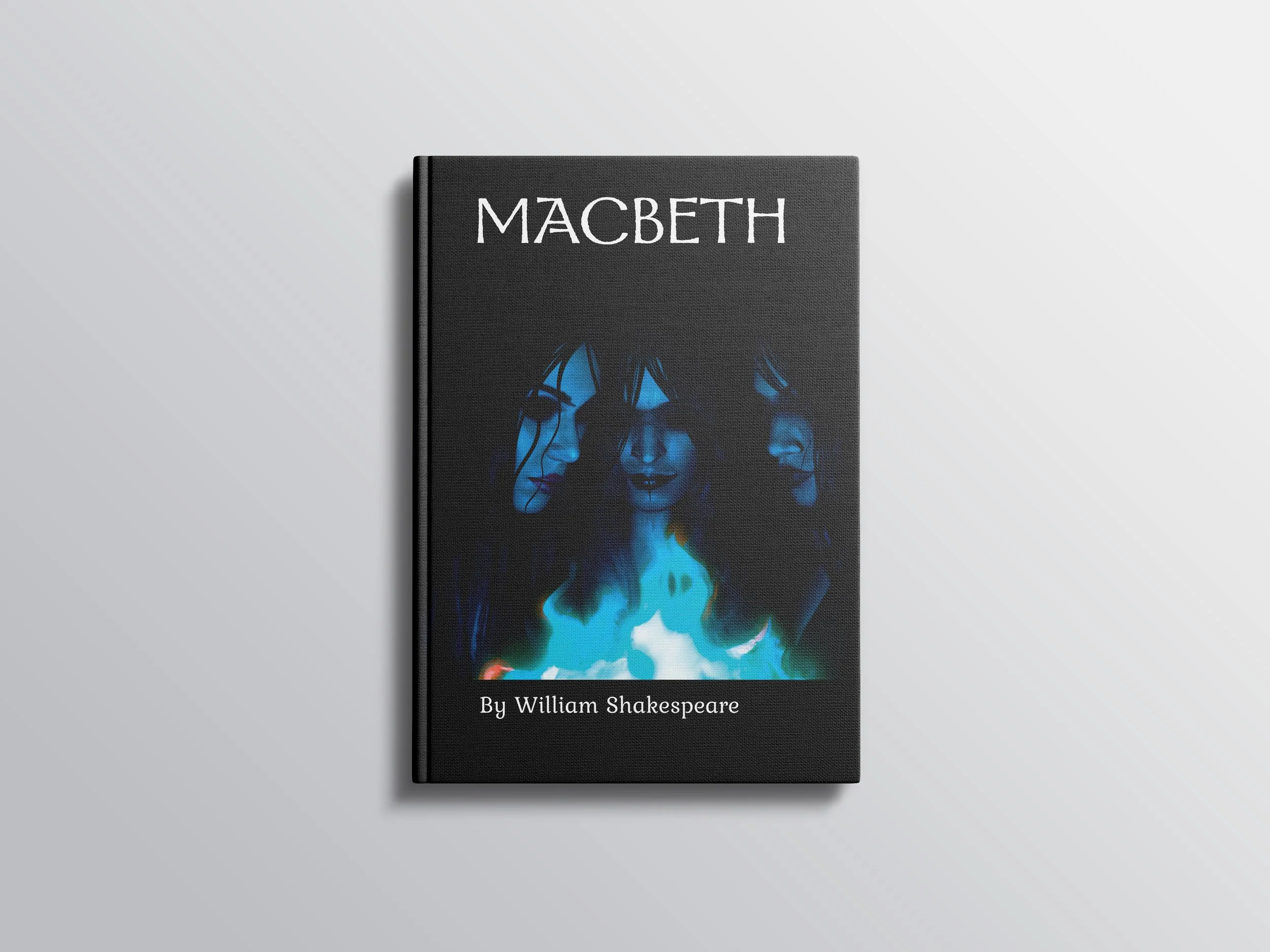 Book cover of Macbeth by William Shakespeare, featuring three stylized faces of women with dark hair against a black background.