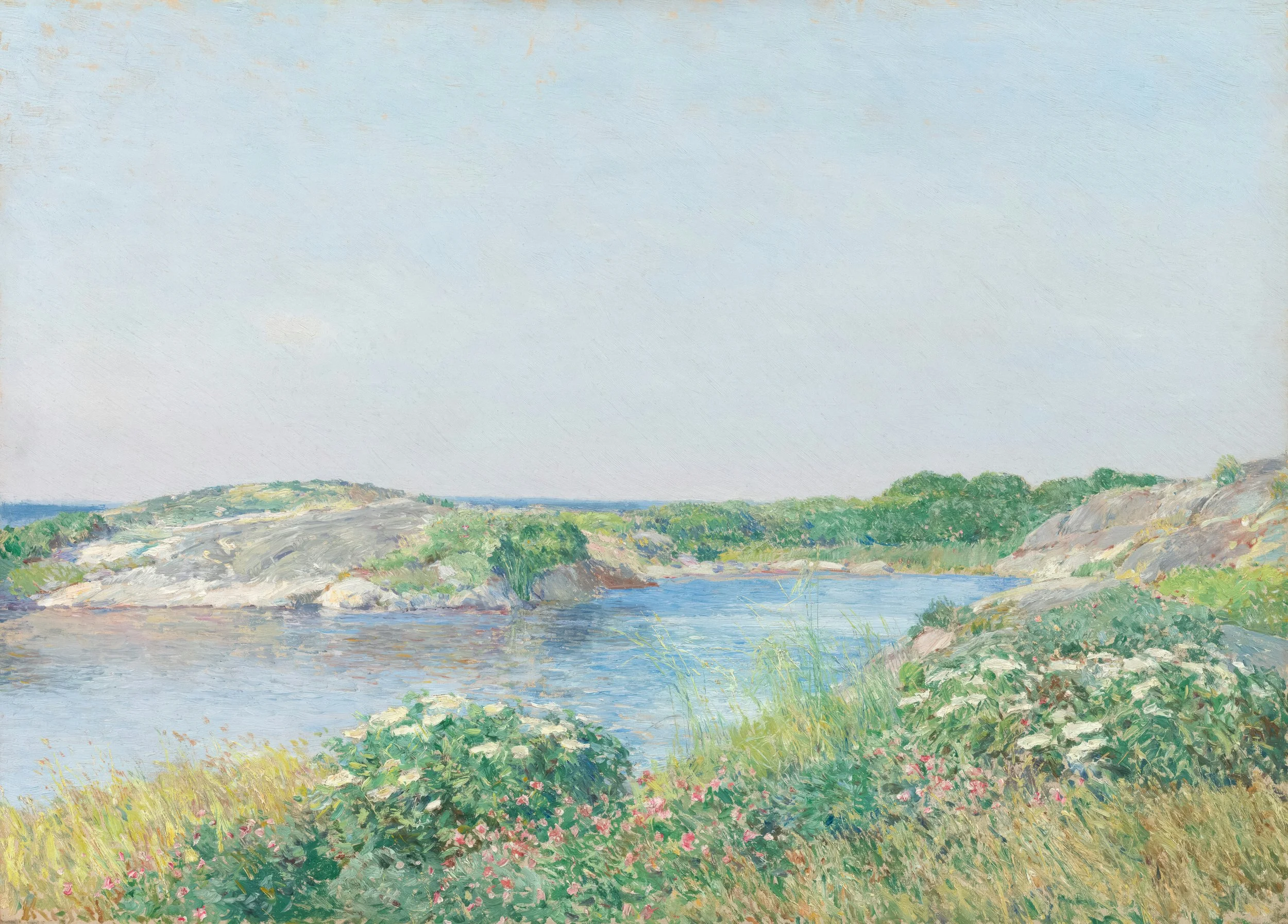 A landscape painting of a river with grassy banks and green hills under a pale blue sky.