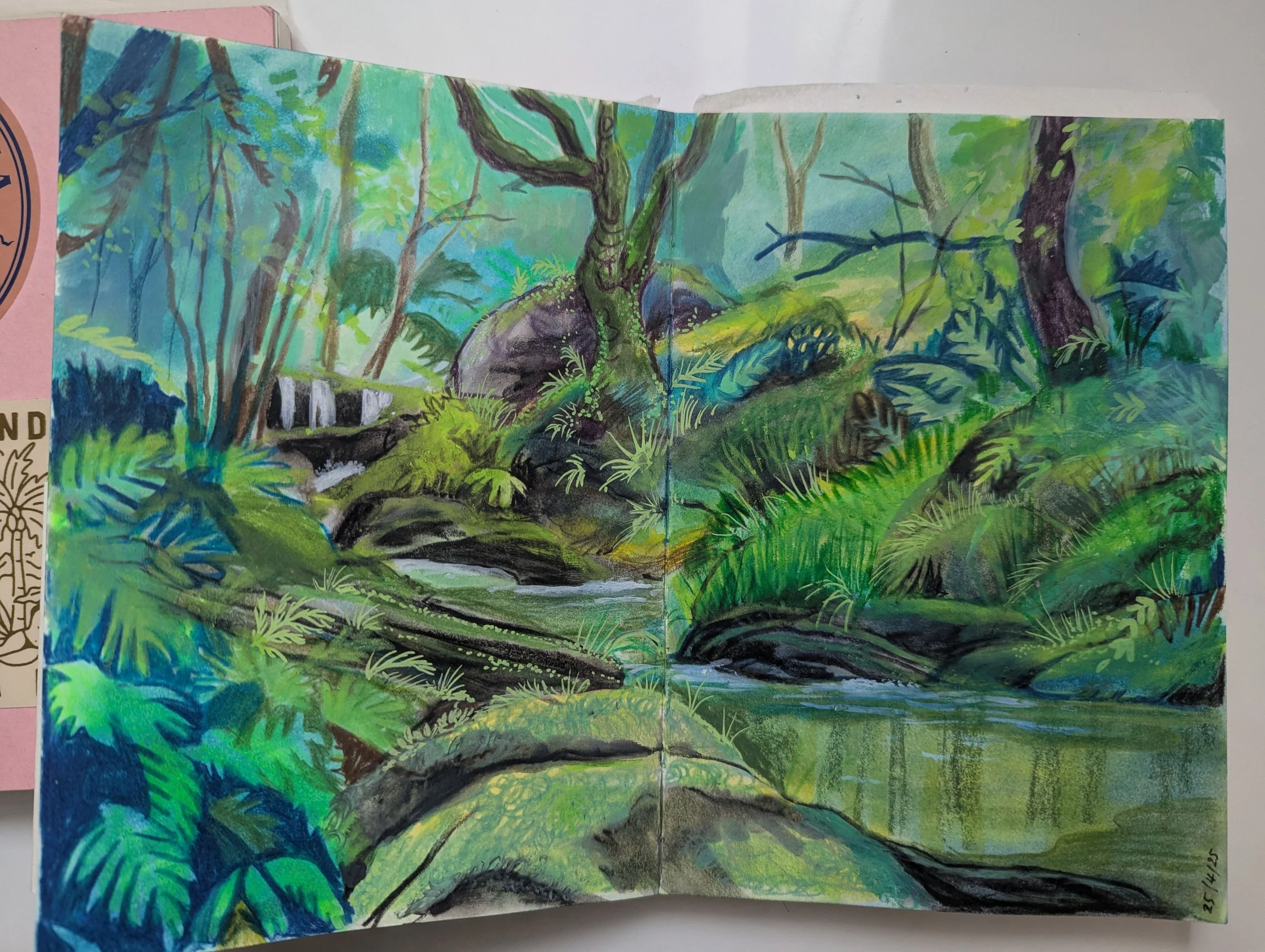 A colorful painting of a lush green forest with a small stream or river flowing through rocks, ferns, and trees.