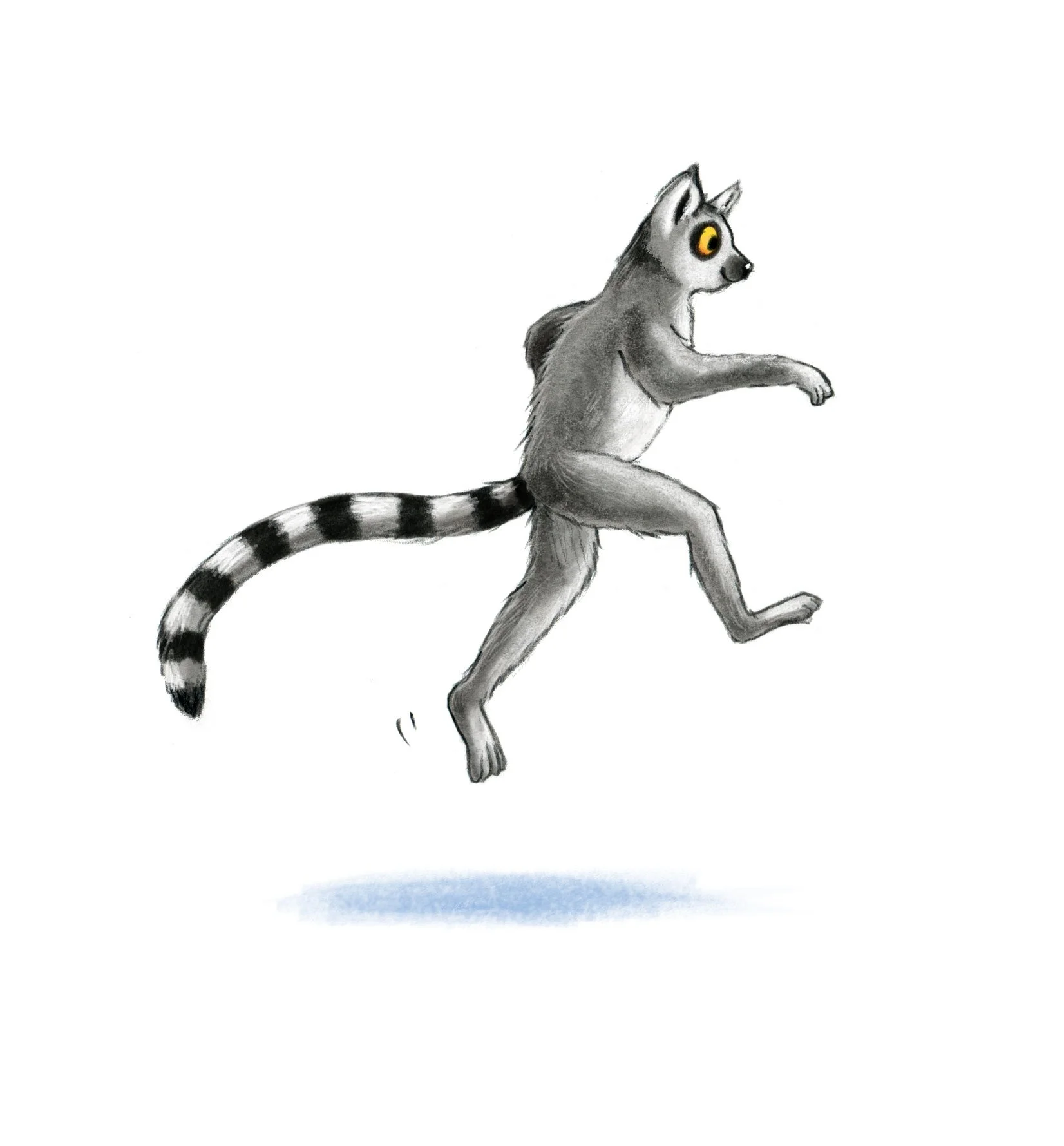 An illustration of a lemur leaping in the air with wide yellow eyes.