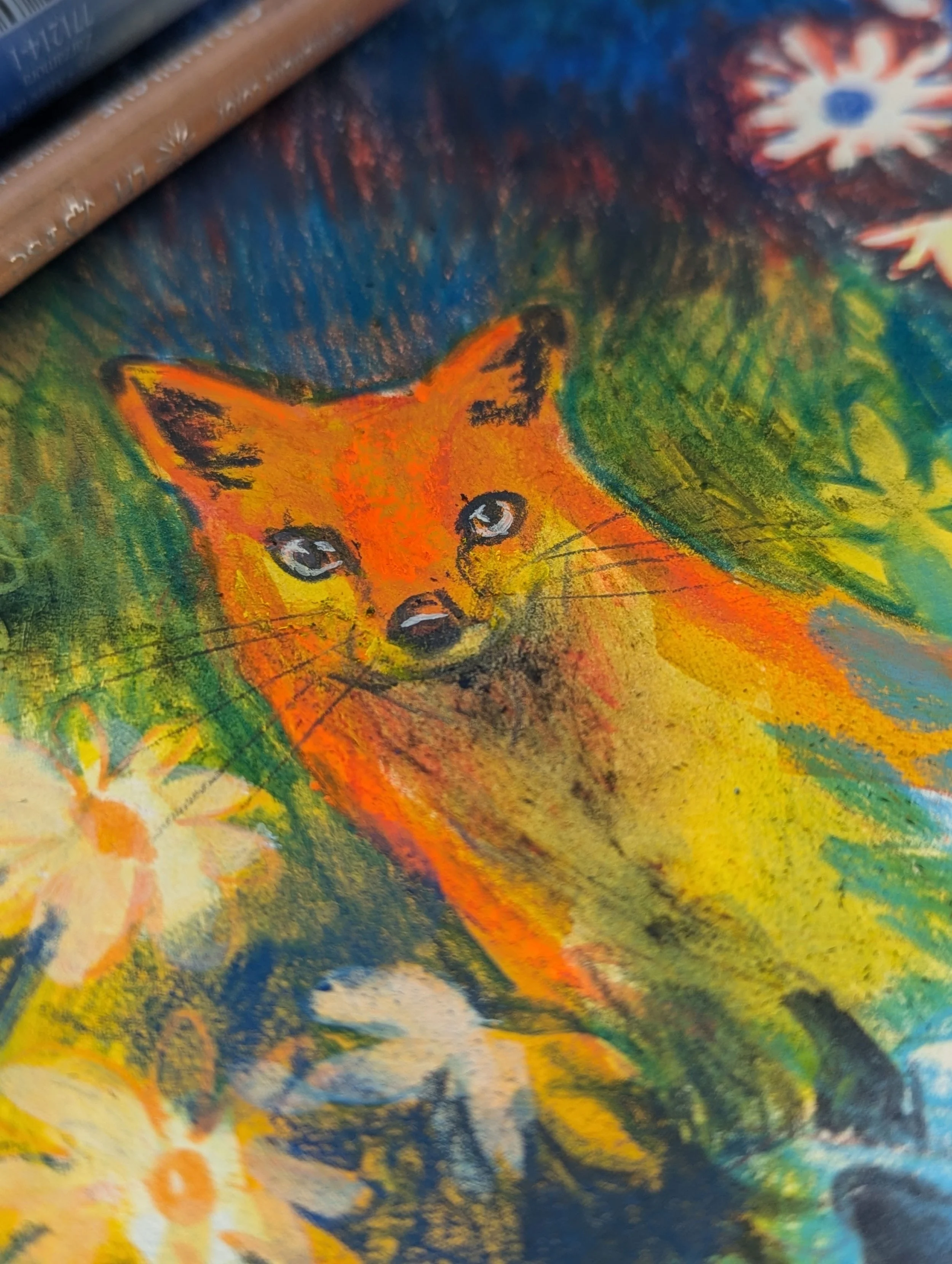 Colorful illustration of a fox with large expressive eyes, surrounded by flowers and greenery.