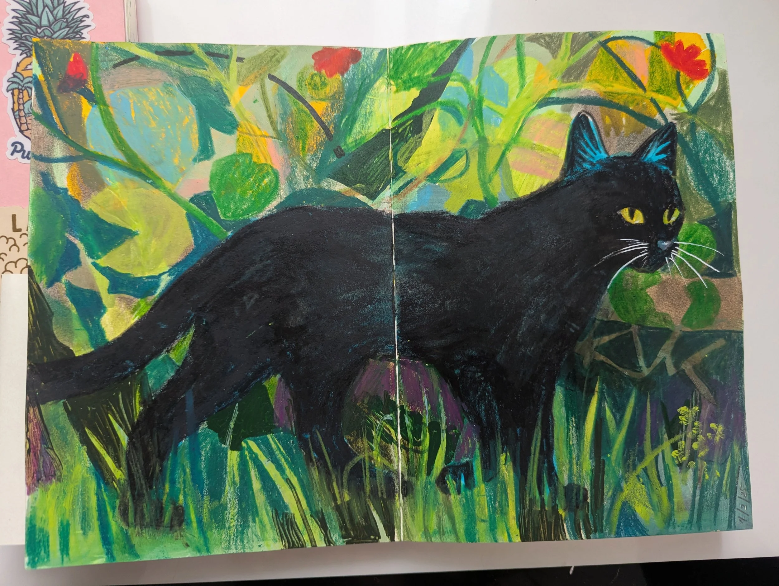 Colorful illustration of a black cat with yellow eyes, in a lush green garden with various plants and red flowers.