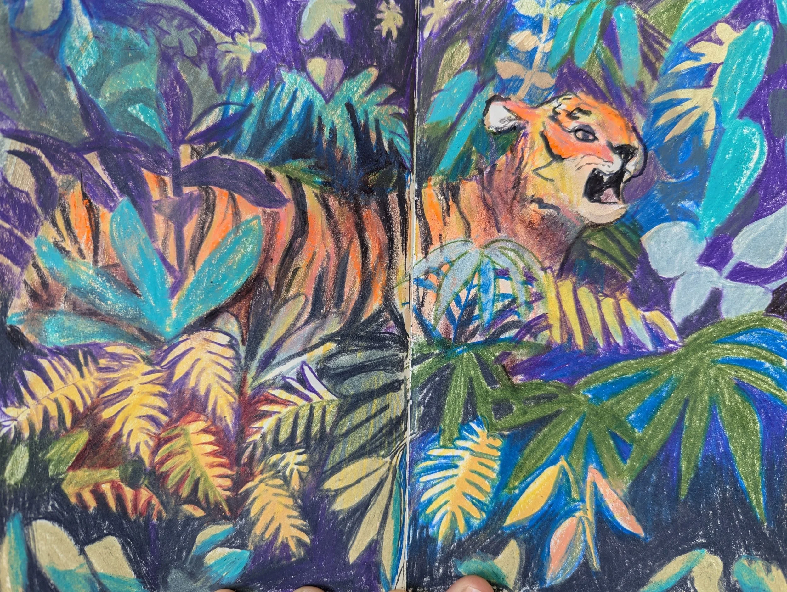 A colorful drawing of a jungle scene with dense foliage and a snarling tiger on the right side.