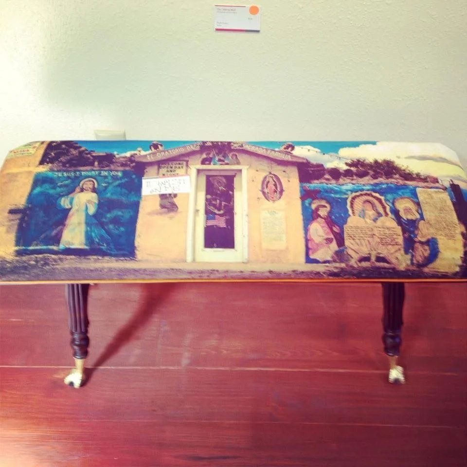 Reclaimed bench, reupholstered with fabric printed with a photograph taken by Rod Mikinski.