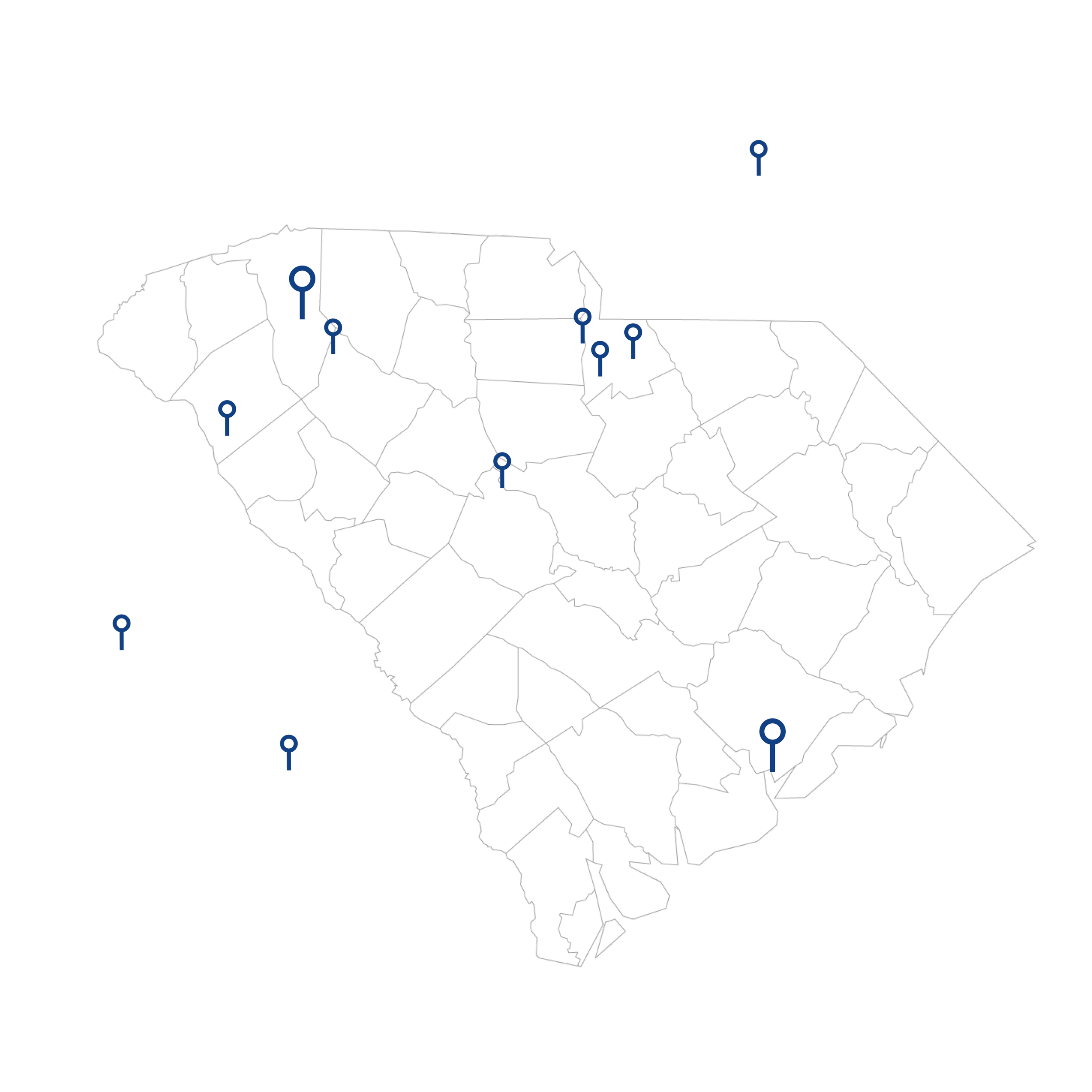 Map of South Carolina with blue location markers at various cities.