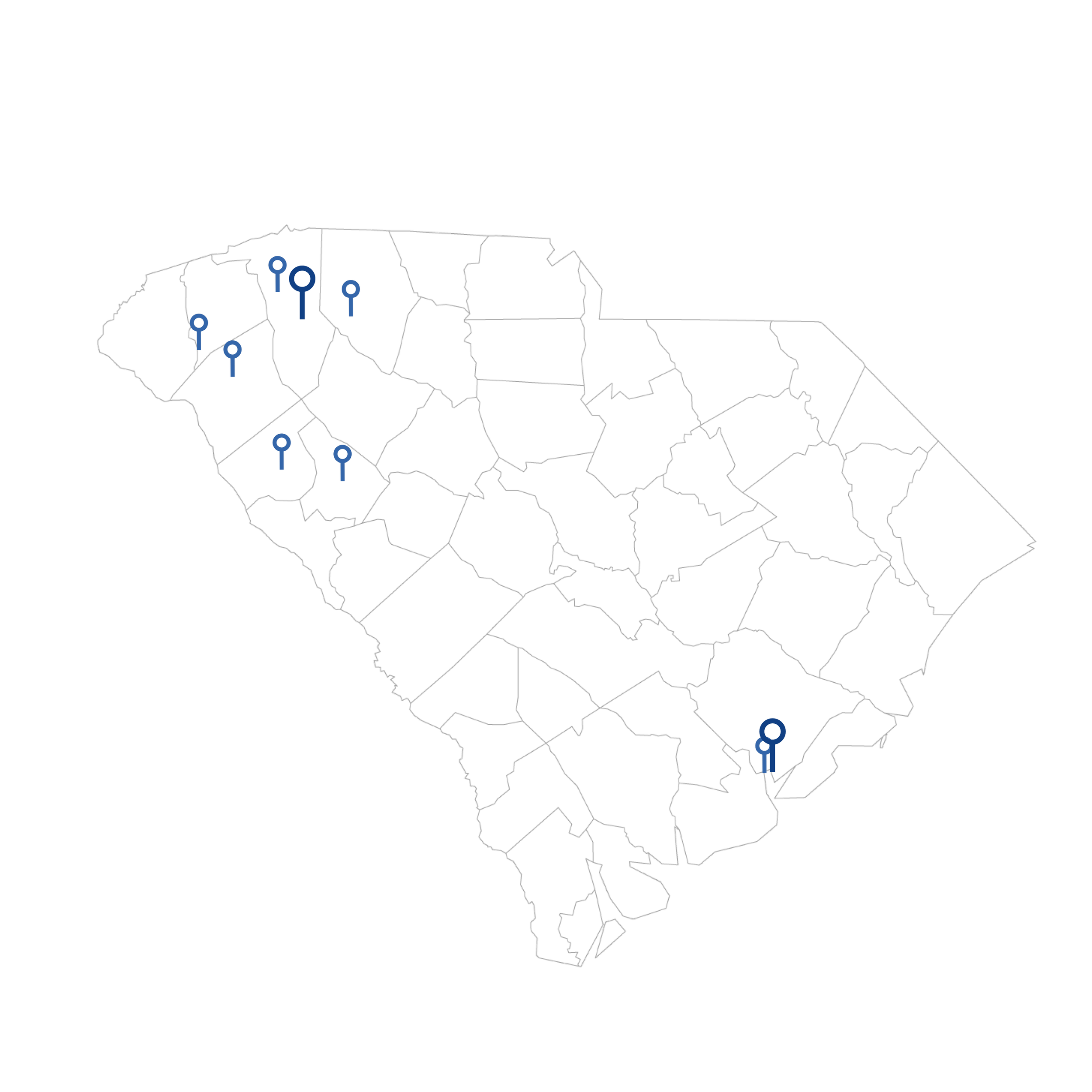 Map of the United States with some states outlined and marked with blue location pins.