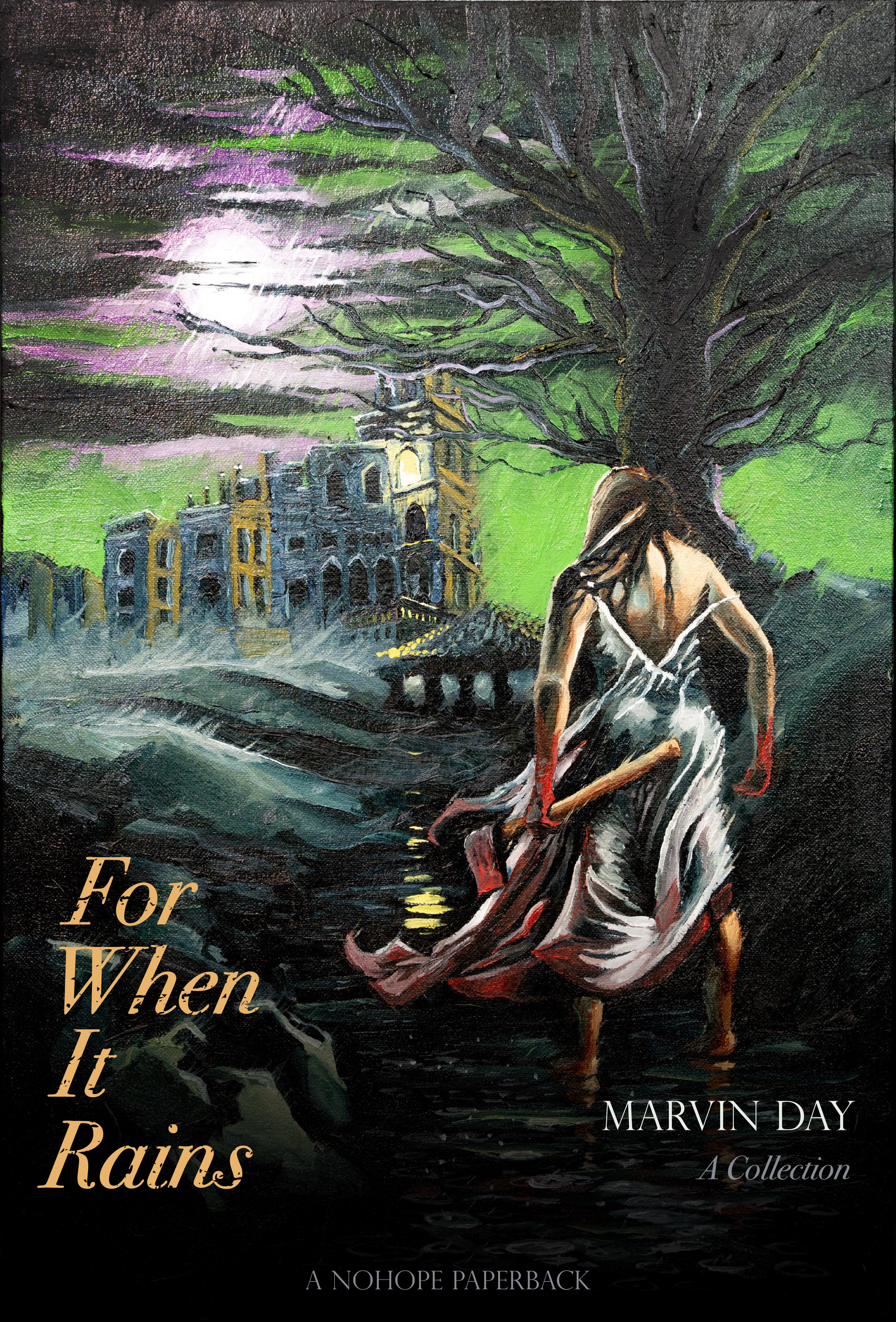 Cover art for Marvin Day's For When It Rains, a collection of horror short stories. A NOHOPE paperback.