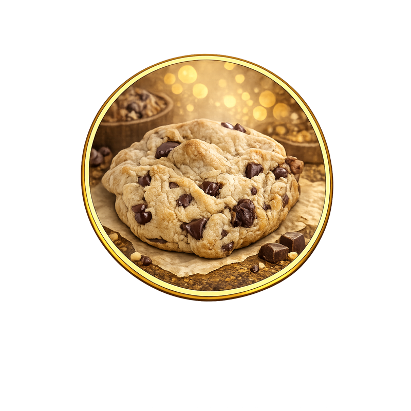 Close-up of a stack of chocolate chip cookies on parchment paper, with a bowl of chocolate chips in the background, surrounded by a golden rim.