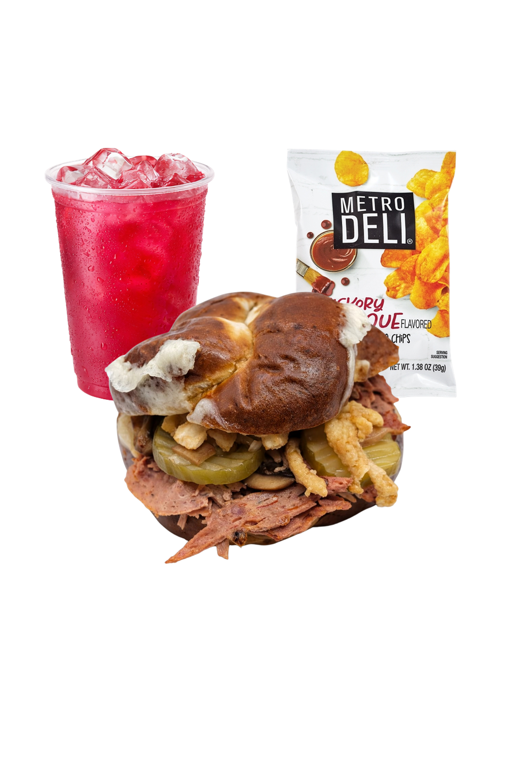 A sandwich with roast beef, pickles, and fried onions in a bun, a bag of chocolate-flavored potato chips, a red beverage with ice, and a packet of Metro Deli snack crackers.