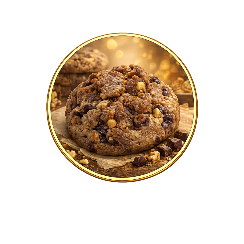 Close-up of a chocolate chip cookie with chunks of white chocolate and nuts on a piece of parchment paper, with a blurred background of more cookies and bokeh lights.