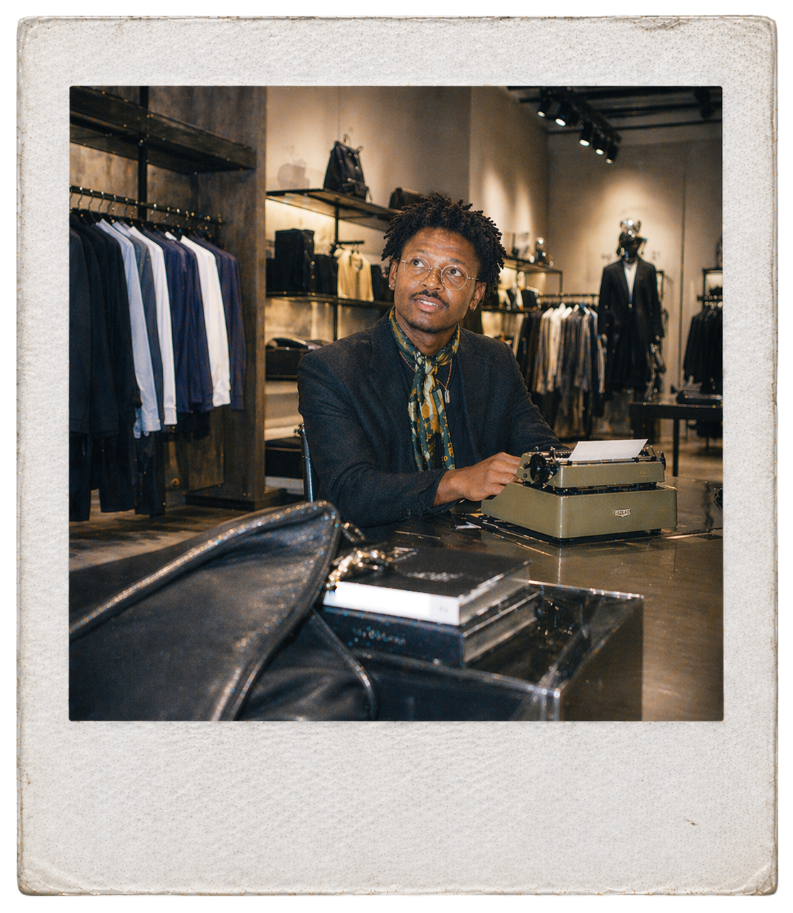 A man with glasses sits at a table in a clothing store, typing on a vintage typewriter with clothing racks and shelves filled with bags and accessories in the background.