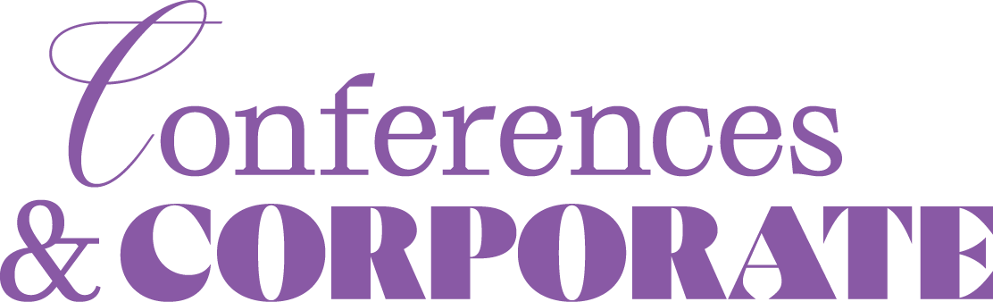 Text reading 'Conferences & Corporate' in purple on a black background.