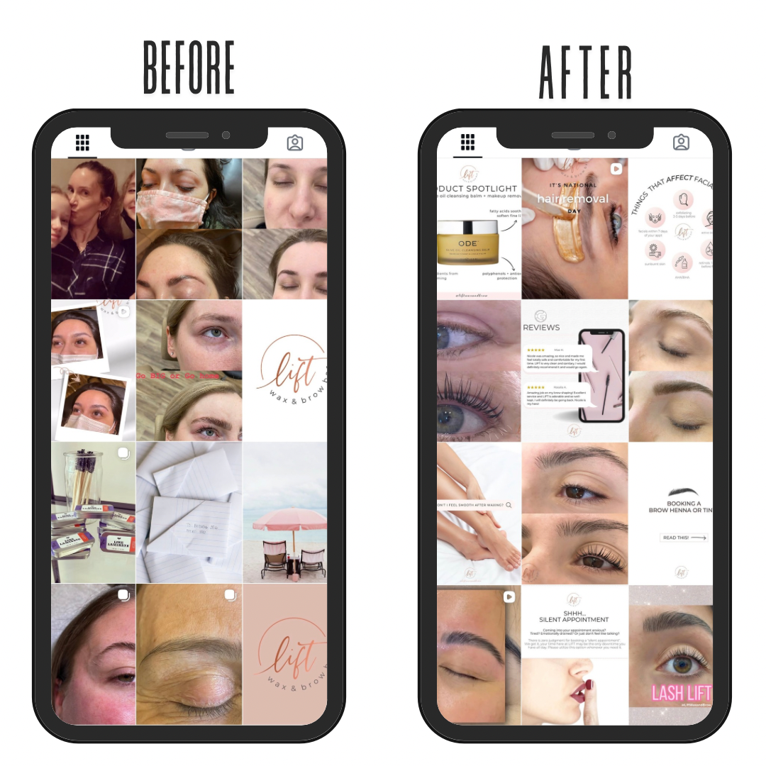 Side-by-side comparison of a social media feed showing a cosmetic treatment before and after results, focusing on eyebrows, eyelash lift, and skincare products.