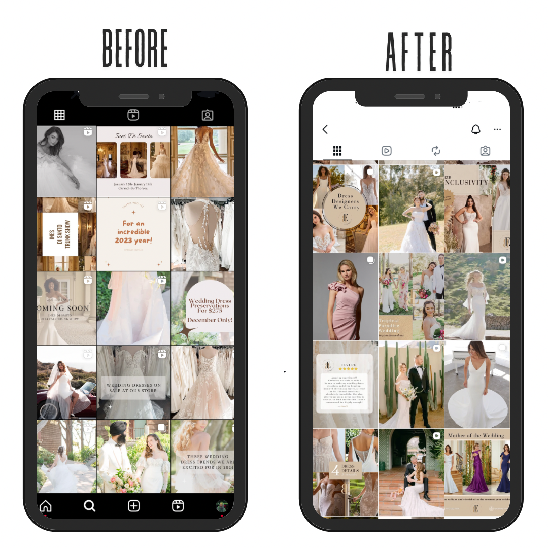 Comparison of two smartphones showing wedding dress promotion photos; the left screen labeled "Before" shows an Instagram grid with wedding dresses and promotional text, the right screen labeled "After" displays a more curated wedding dress social media feed with images of brides and wedding-related content.
