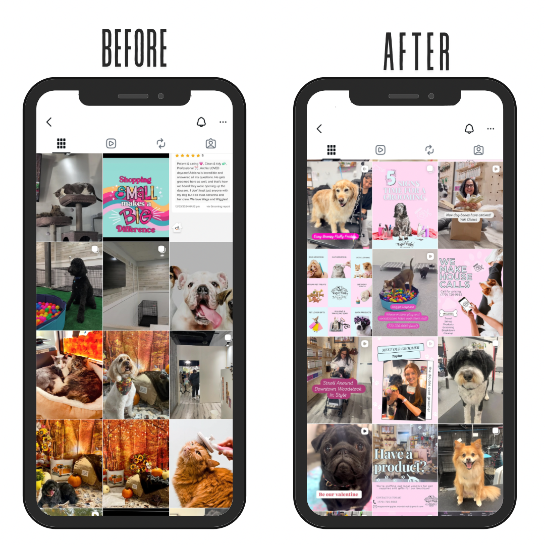 Comparison of two phone screens showing social media feeds before and after grooming, with images of dogs, grooming scenes, and related content.