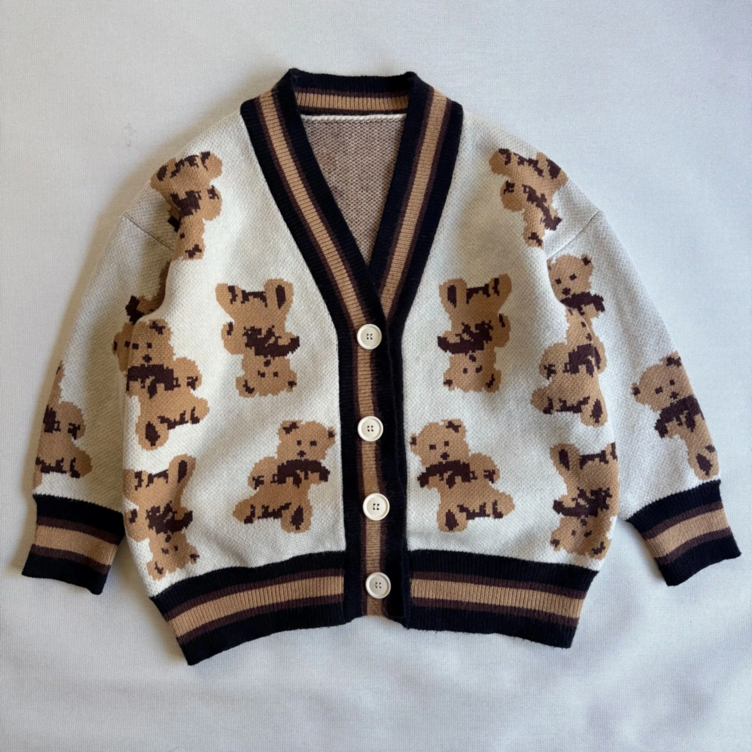 Vintage Style Teddy Bear All-Over Print Knit Cardigan