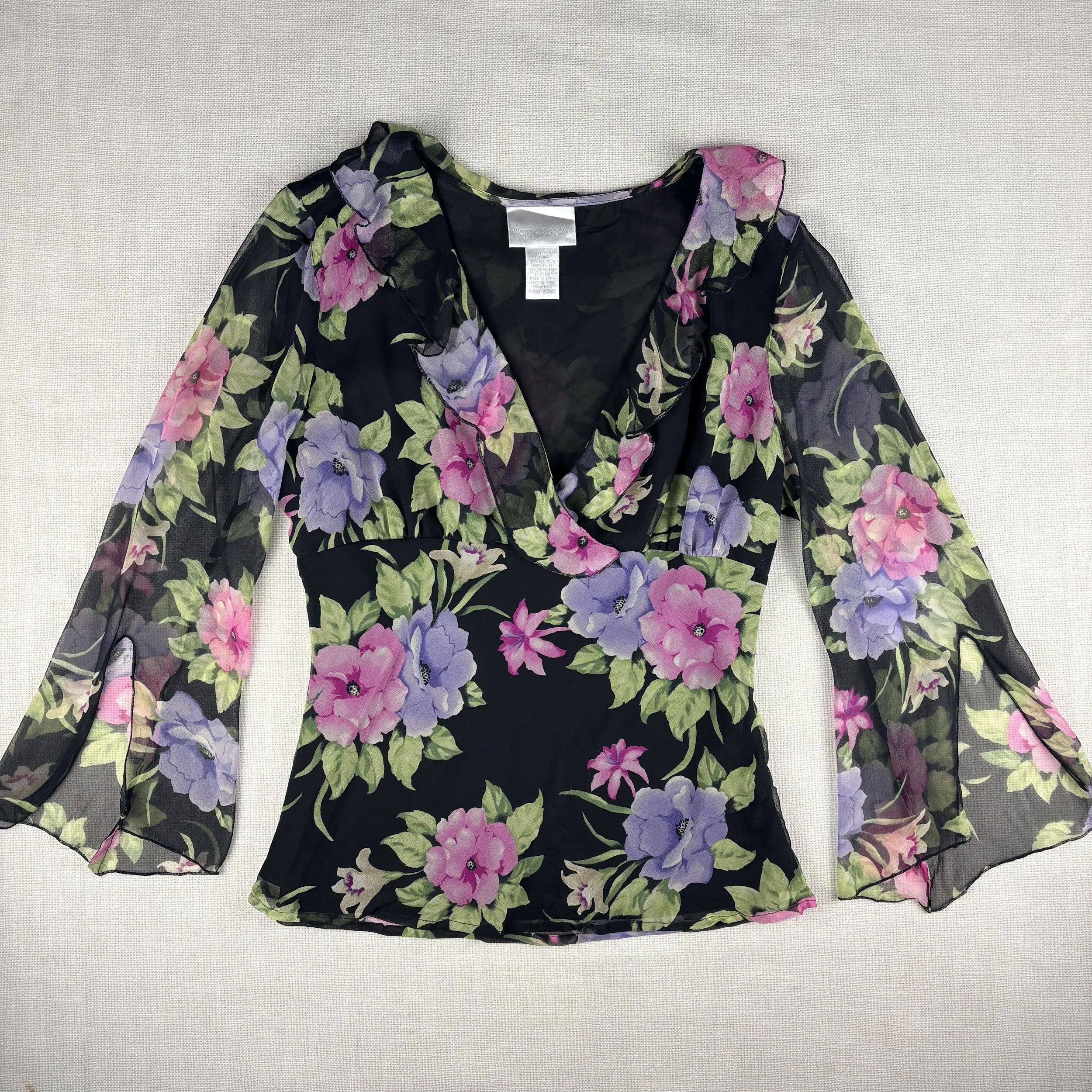 Vintage 90s 100% Silk Floral Chiffon Ruffle Blouse with Bell Sleeves