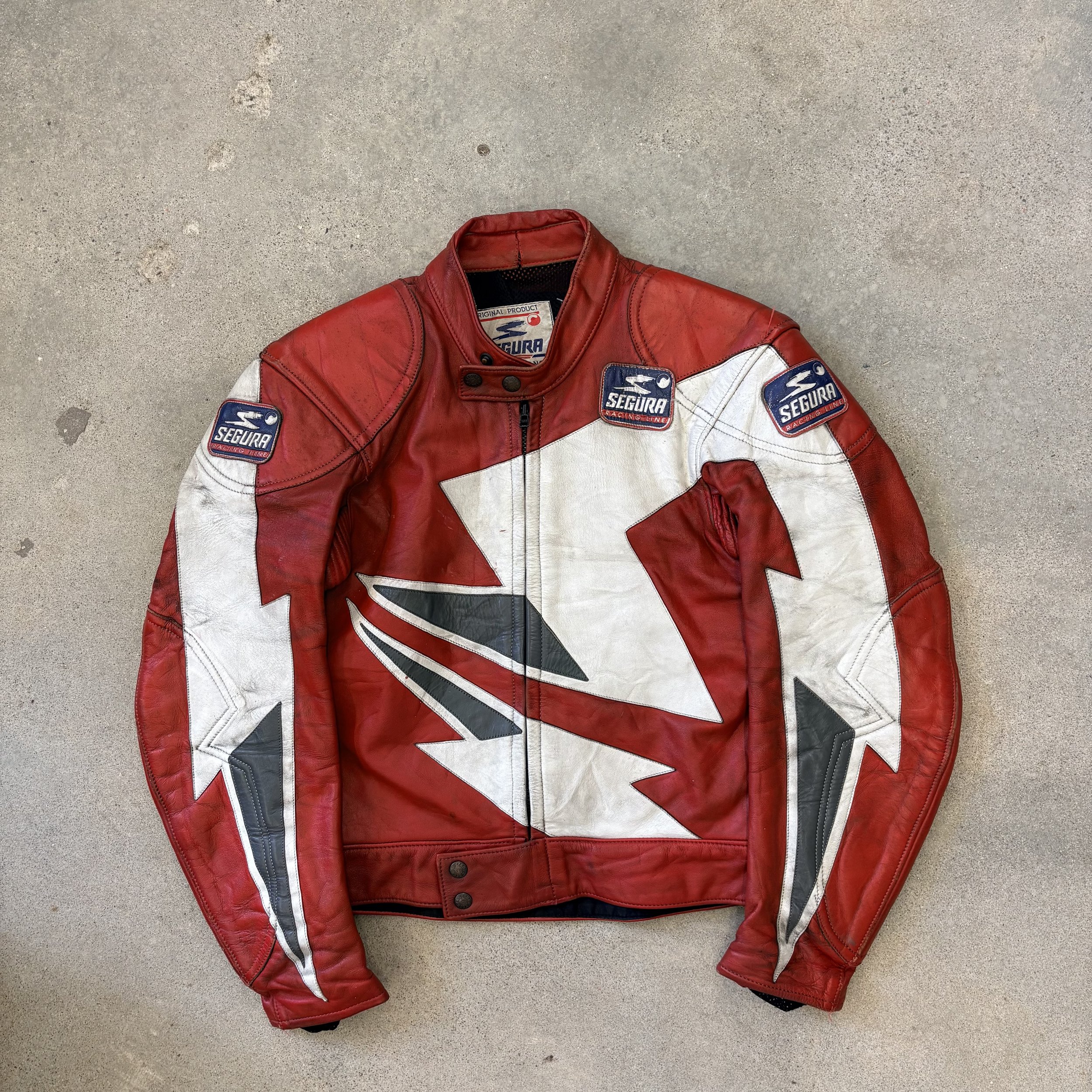 Vintage Segura Leather Racing Jacket – 90s Red & White Lightning Graphic
