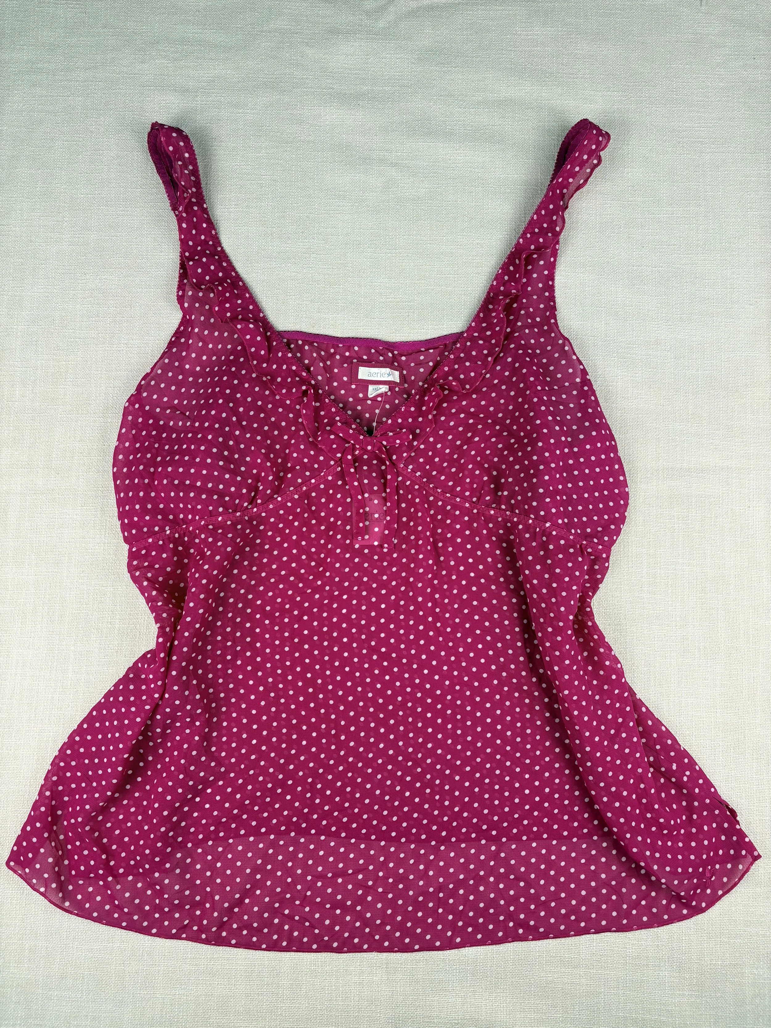 NWT Vintage Y2K Aerie Magenta Polka Dot Sheer Ruffle Cami Top