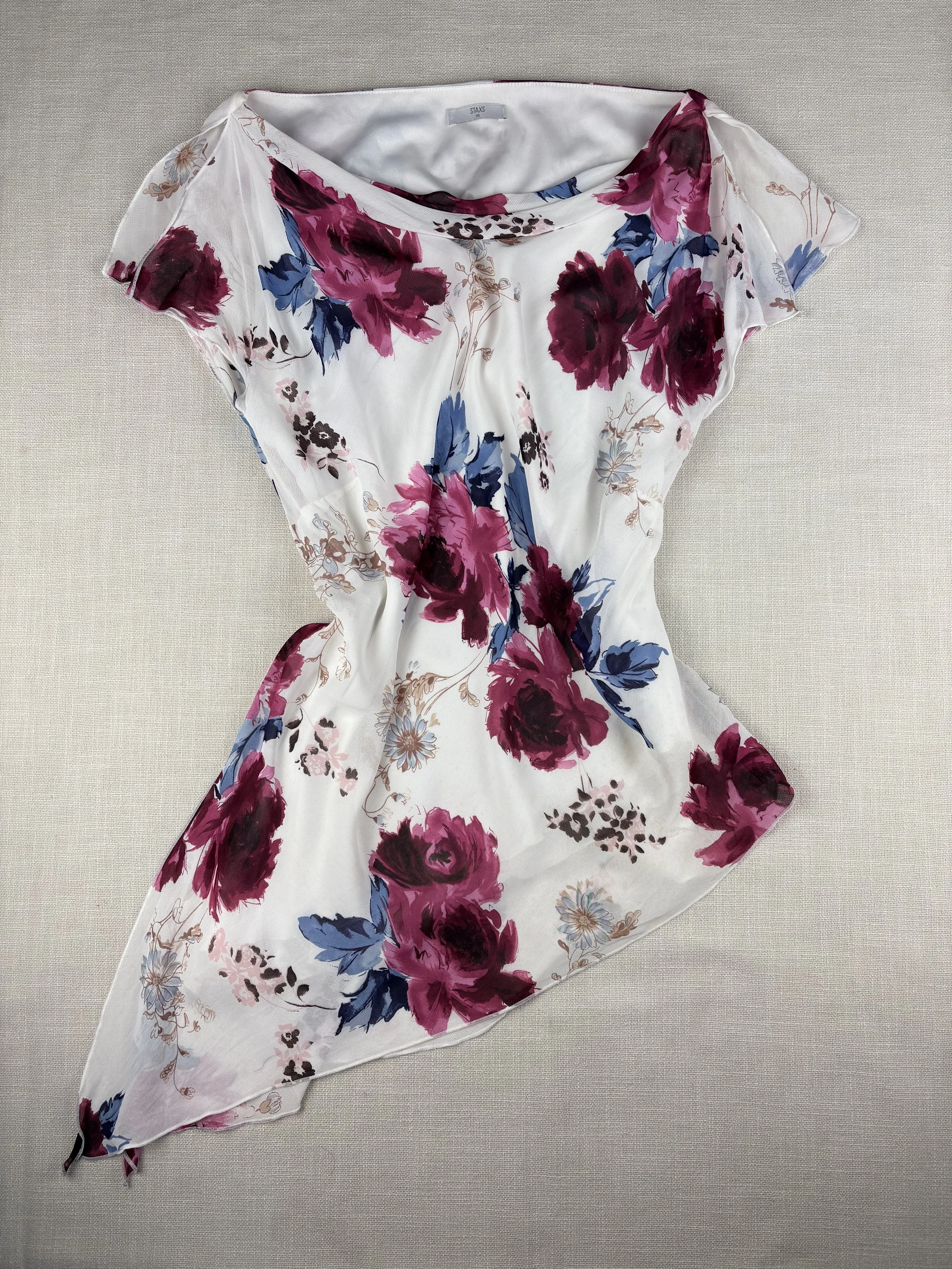 Vintage Y2K Staxs Floral Mesh Asymmetrical Handkerchief Hem Top