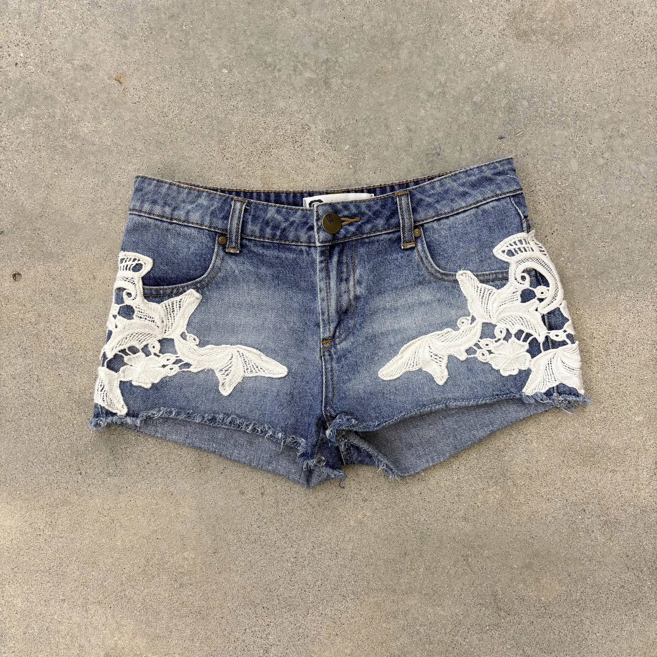 Lace Appliqué Denim Cut-Off Shorts