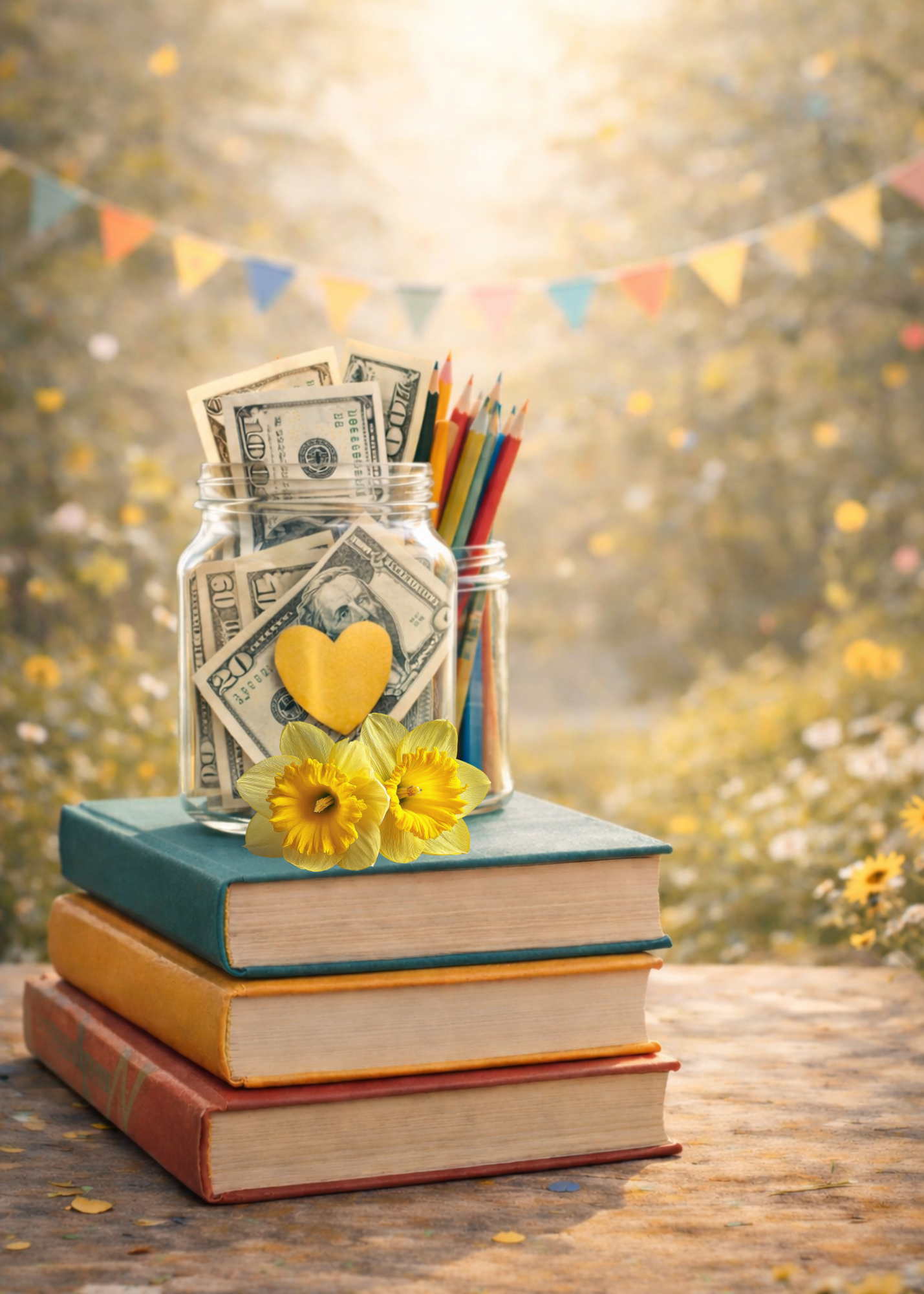 Stack of three books with a jar of dollar bills, colored pencils, a yellow paper heart, and yellow flowers on top, with a blurred background of trees and colorful buntings.