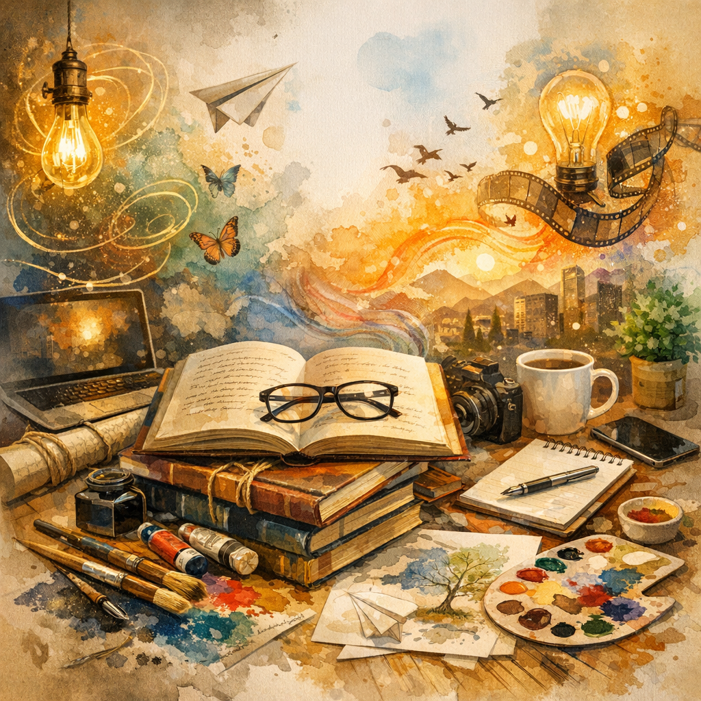 A creative workspace featuring an open journal with glasses on top, stacked books, paint tubes, brushes, a camera, a cup of coffee, and a notepad with a pen, set against a watercolor background with cityscape, butterflies, paper airplanes, light bulbs, and film reels.