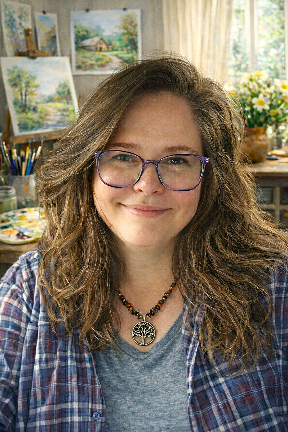 A woman with wavy brown hair, wearing purple glasses, a gray shirt, and a beaded necklace with a tree pendant, smiling in an artist's studio with landscape paintings and art supplies in the background.