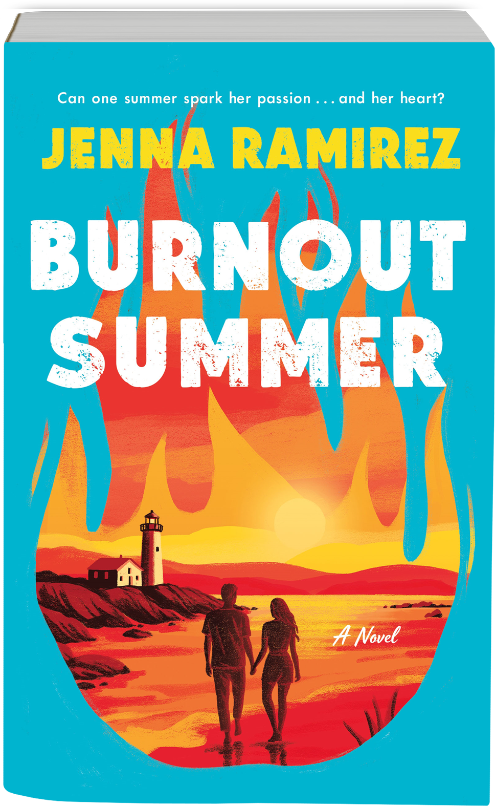 An aqua blue background features a red, orange, and yellow cartoon flame containing a man and a woman holding hands. They walk on the beach with rocks and a lighthouse in the distance.