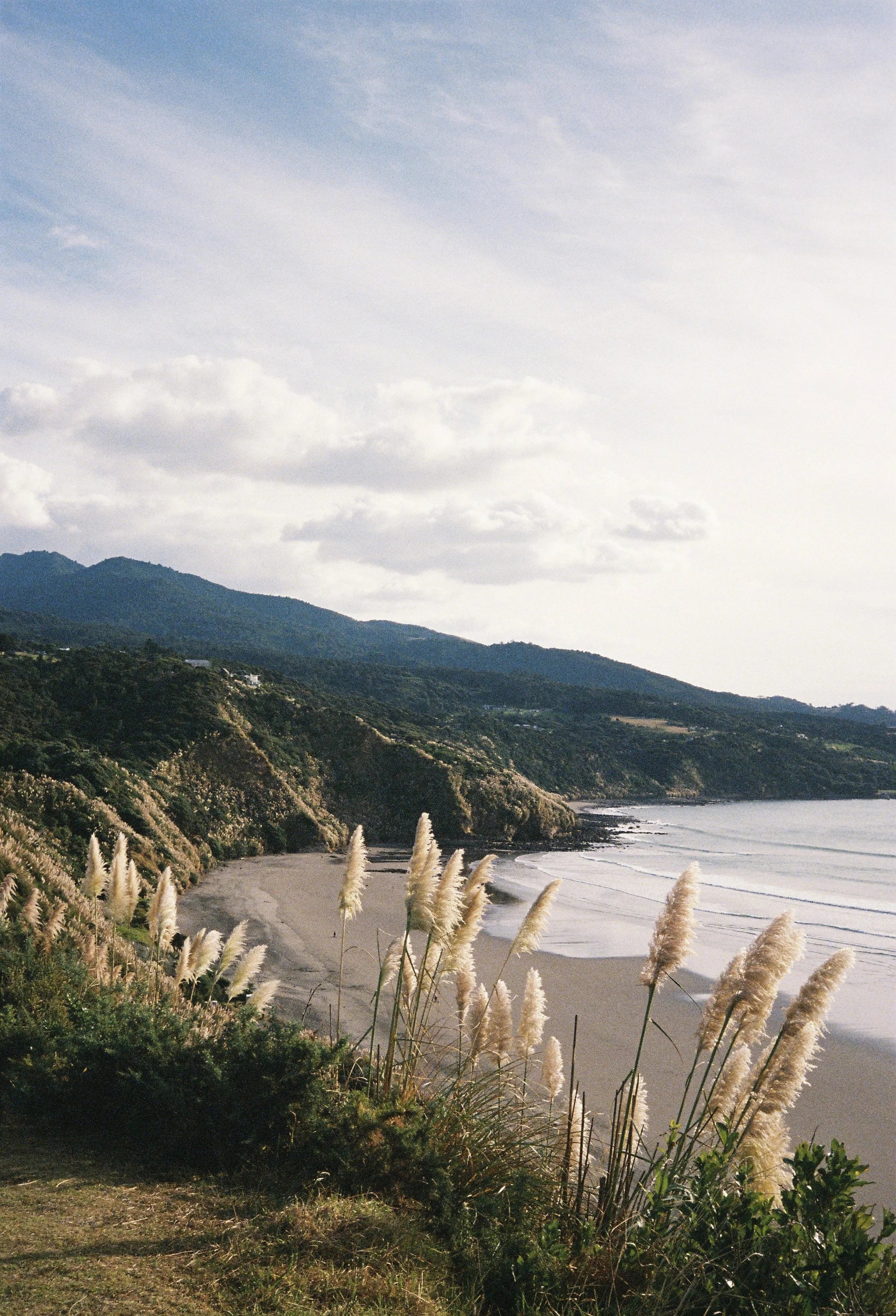 Coastal landscape with beach, ocean waves, green hills, and blue sky with clouds.