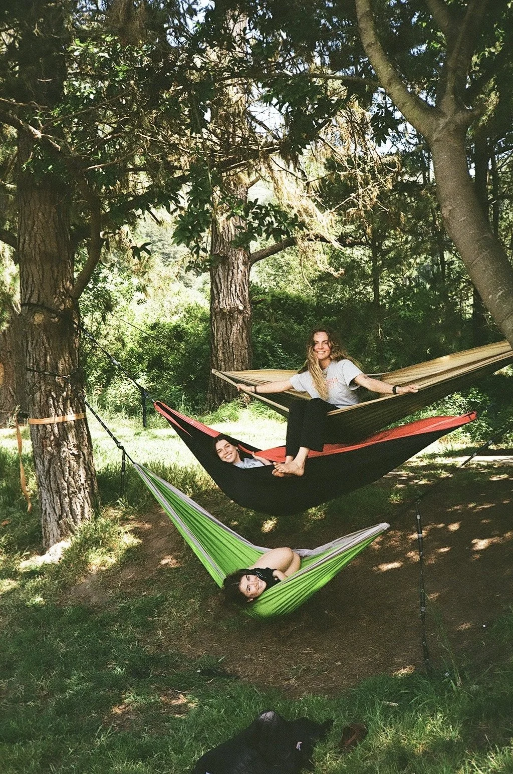 Three people relaxing in hammocks in a wooded area with tall trees and green foliage. The person in the top hammock is a woman with long hair, smiling, and the person in the middle hammock is a woman with short hair, also smiling. The person in the b