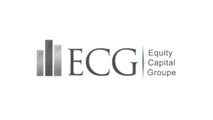 Black and white image of a city skyline with tall buildings at night.