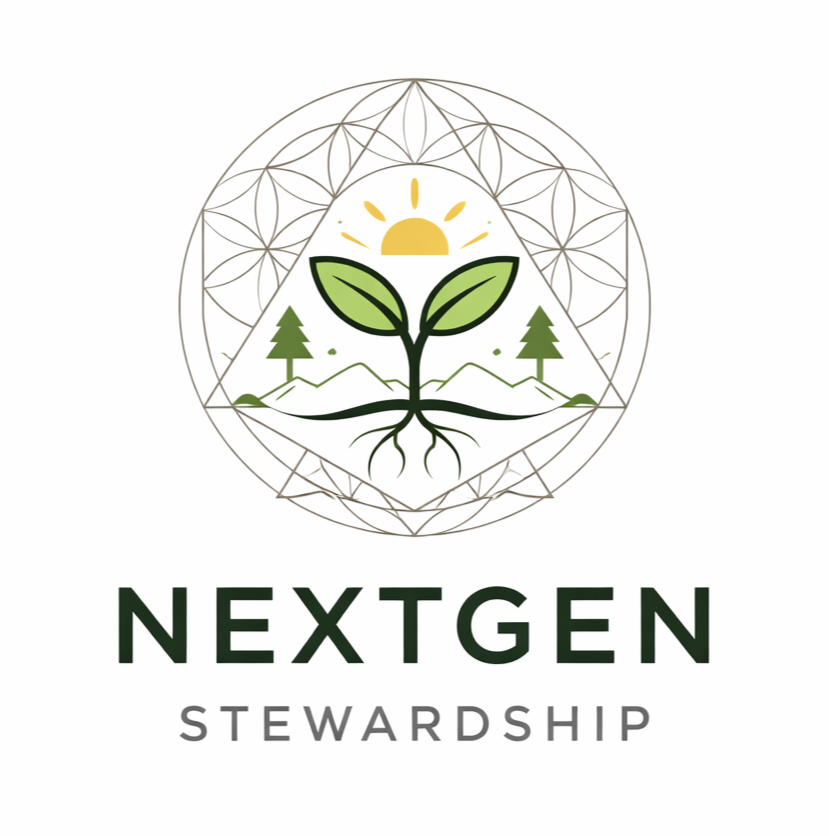Logo for NextGen Stewardship featuring a stylized plant with roots, surrounded by a geometric circle, with a mountain, trees, and a rising sun in the background.