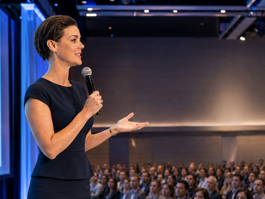 A woman giving a presentation to an audience in a conference room.