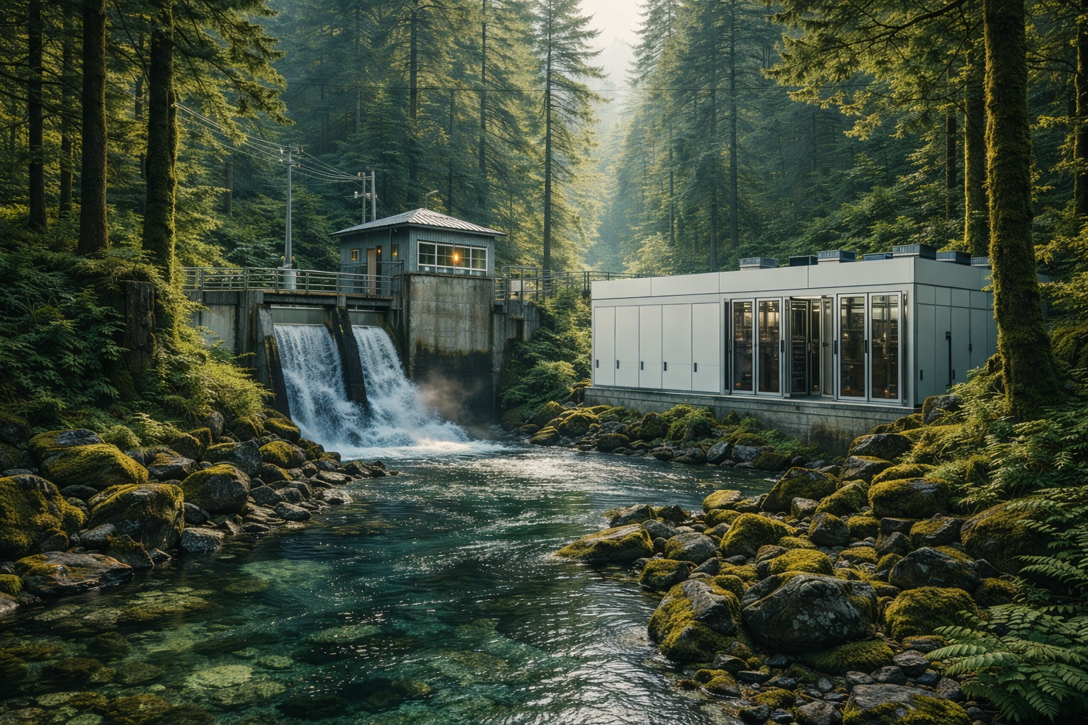 A hydroelectric dam with water flowing over the spillway surrounded by a dense forest.