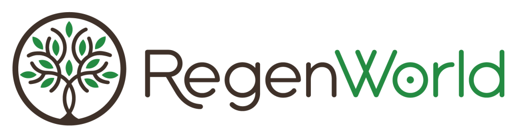 Logo featuring a stylized tree with green leaves and brown branches next to the words "RegenWorld" in black and green text.